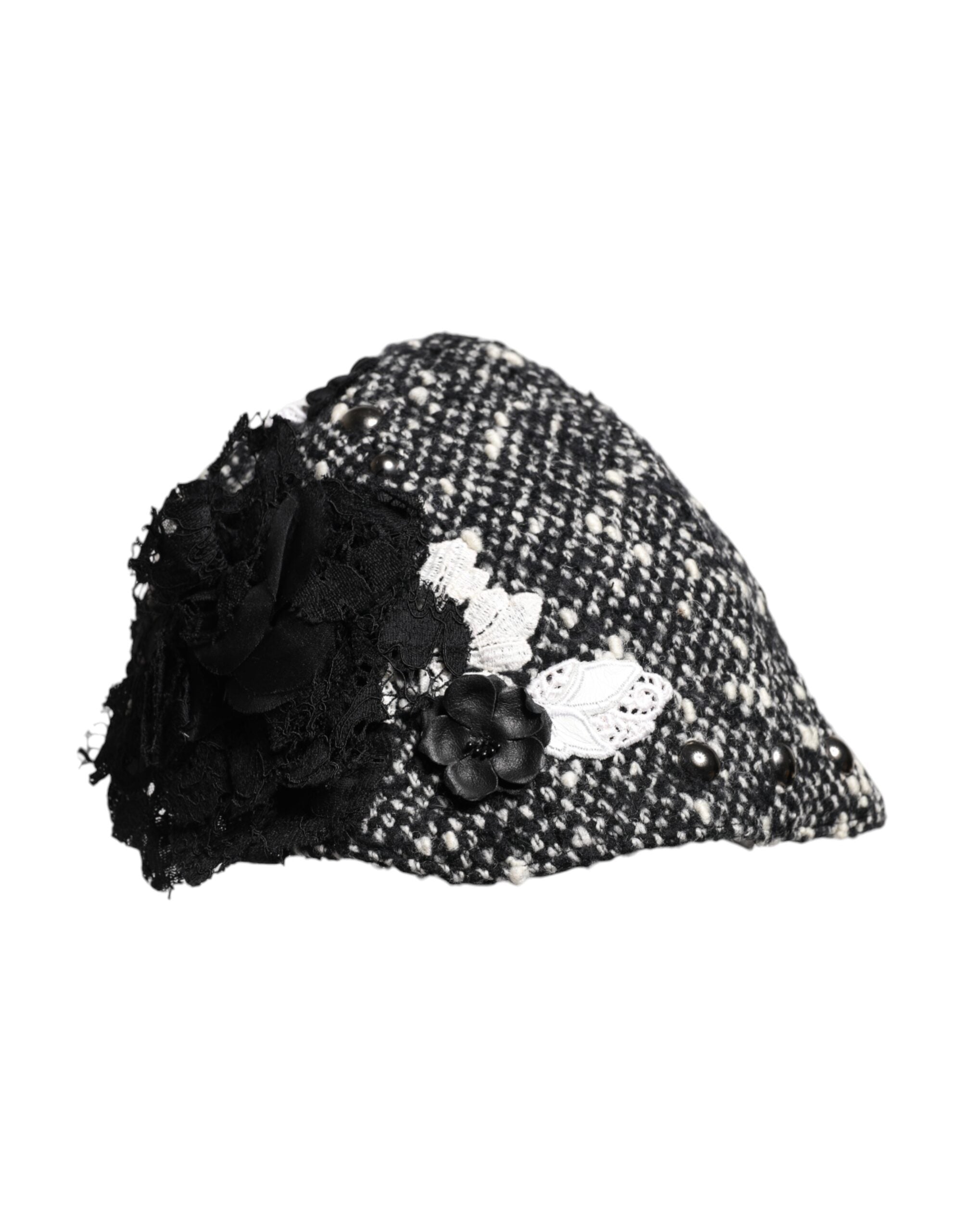 Dolce &amp; Gabbana Sort Uld Hvid Blomsterudsmykket Cloche Hat