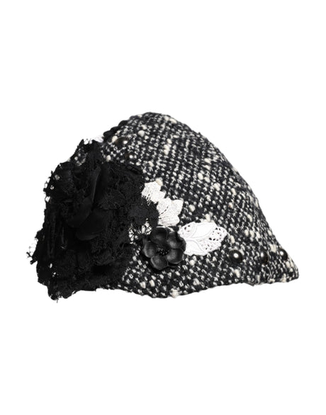 Dolce &amp; Gabbana Sort Uld Hvid Blomsterudsmykket Cloche Hat