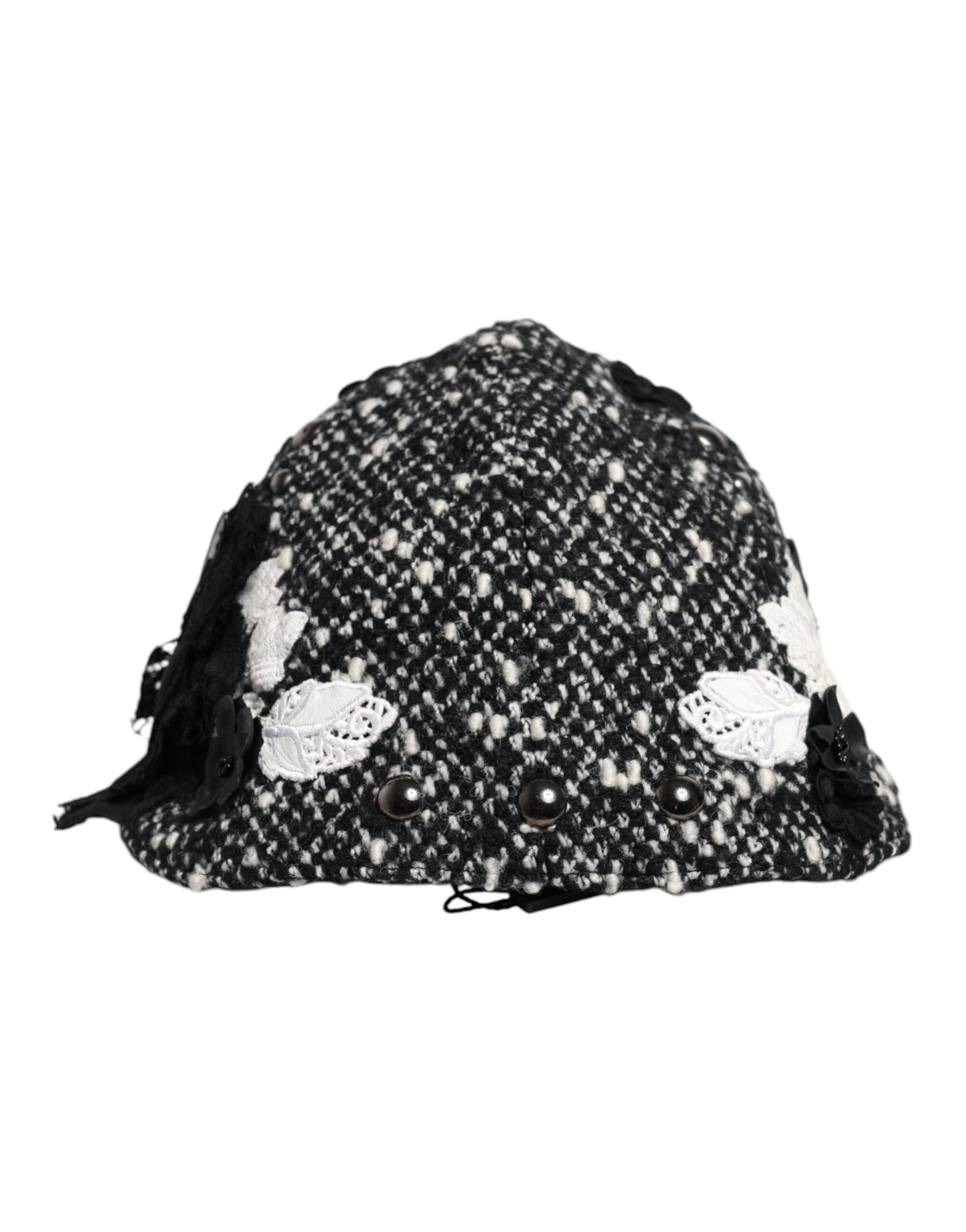 Dolce &amp; Gabbana Sort Uld Hvid Blomsterudsmykket Cloche Hat