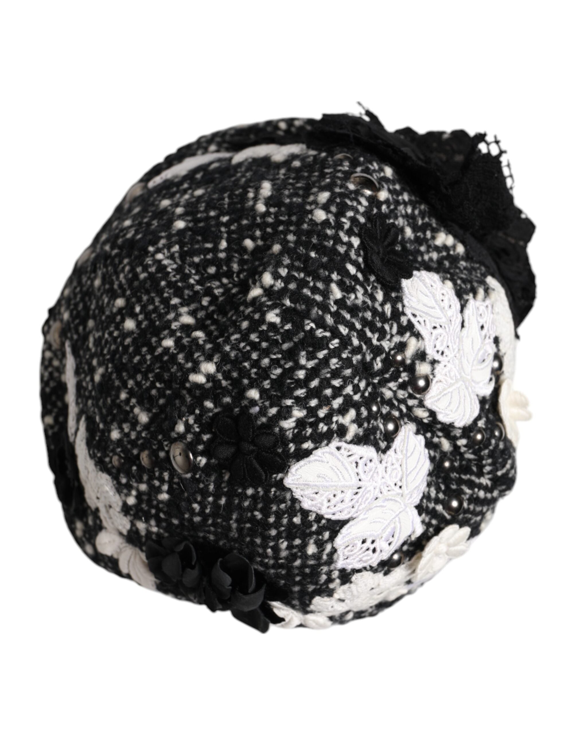 Dolce &amp; Gabbana Sort Uld Hvid Blomsterudsmykket Cloche Hat