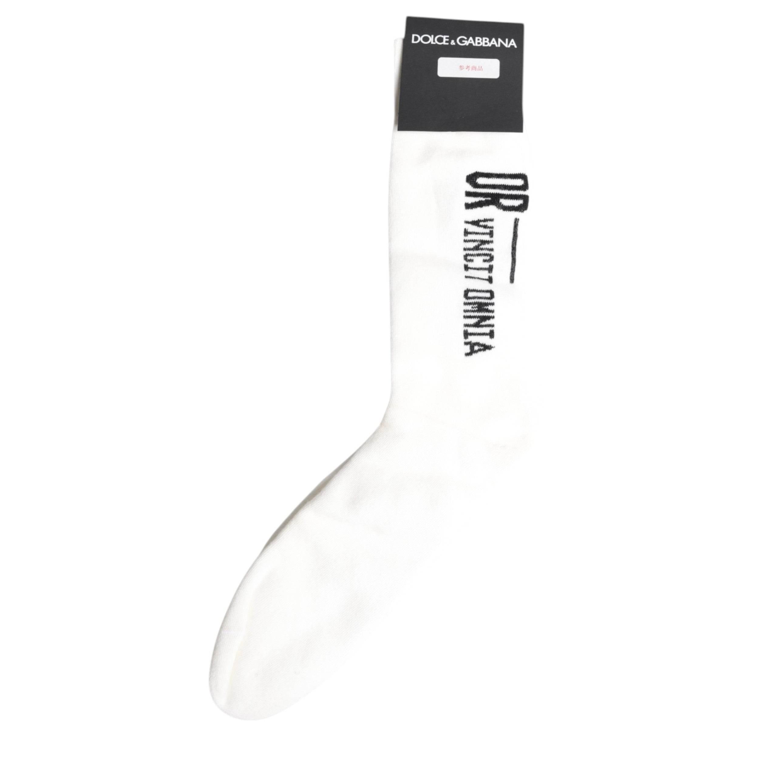 Dolce & Gabbana White Stretch OR VINCIT OMNIA Mid Calf Socks - Hilstor