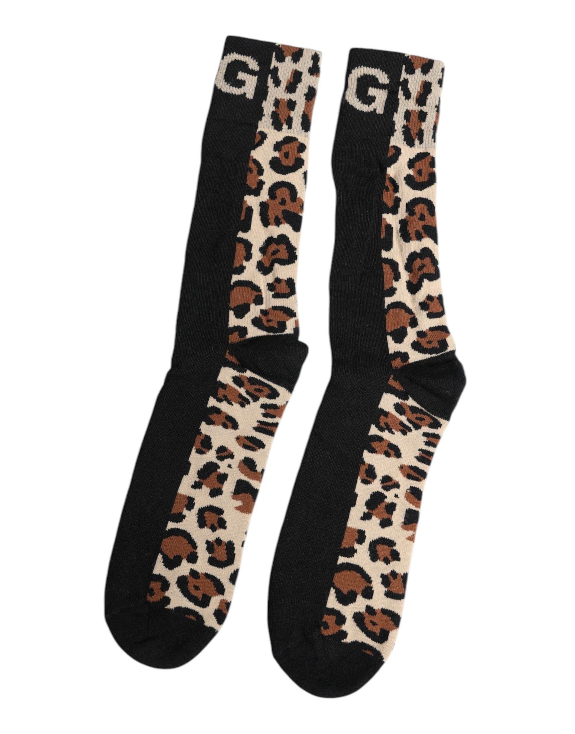 Dolce & Gabbana Black Brown Leopard Print Nylon Mid Calf Socks - Hilstor