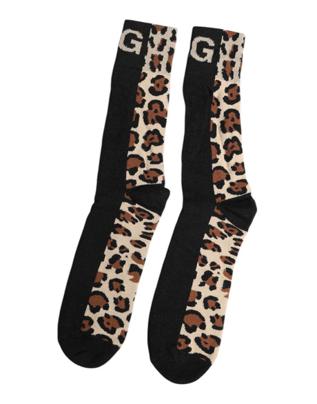 Dolce & Gabbana Black Brown Leopard Print Nylon Mid Calf Socks - Hilstor