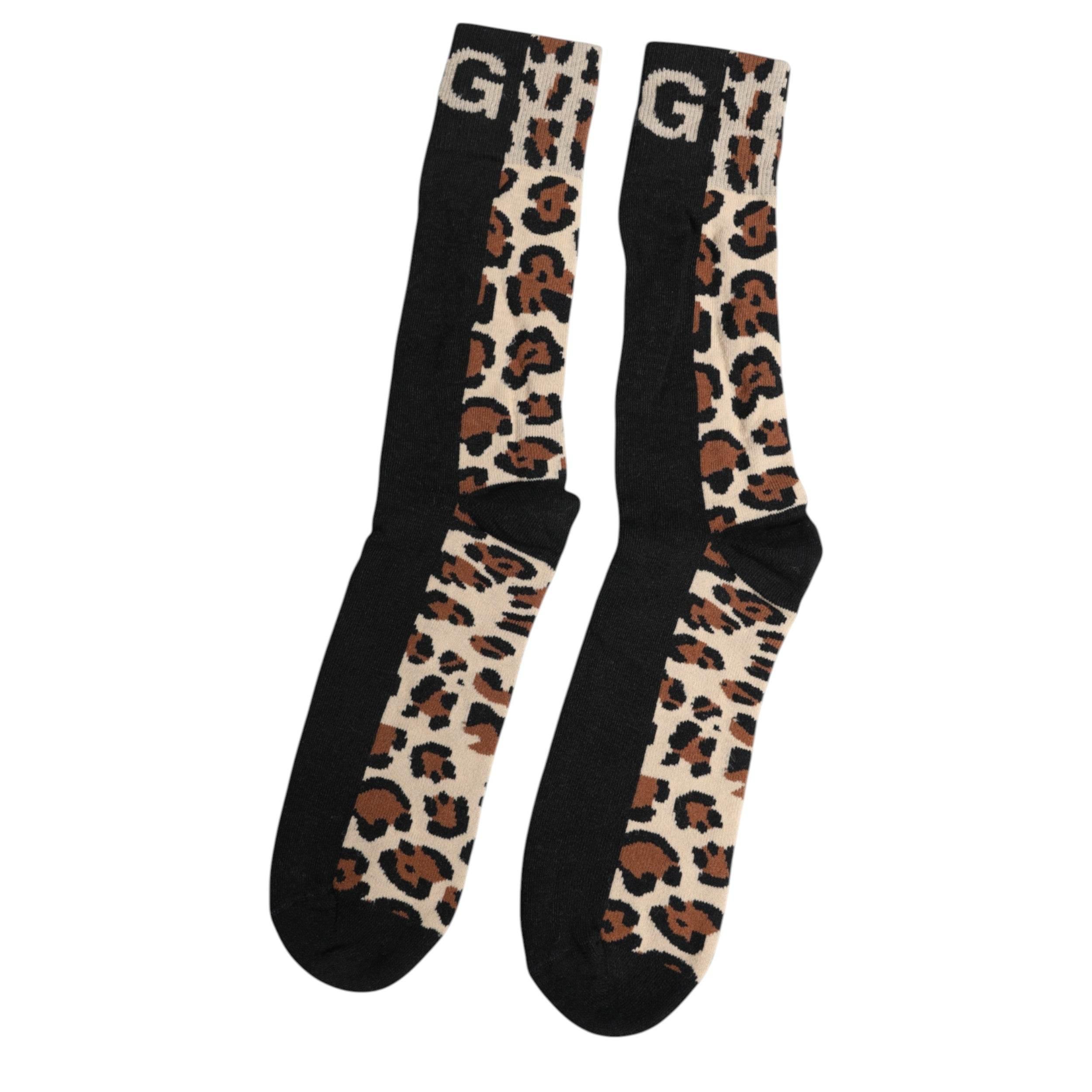 Dolce & Gabbana Black Brown Leopard Print Nylon Mid Calf Socks - Hilstor