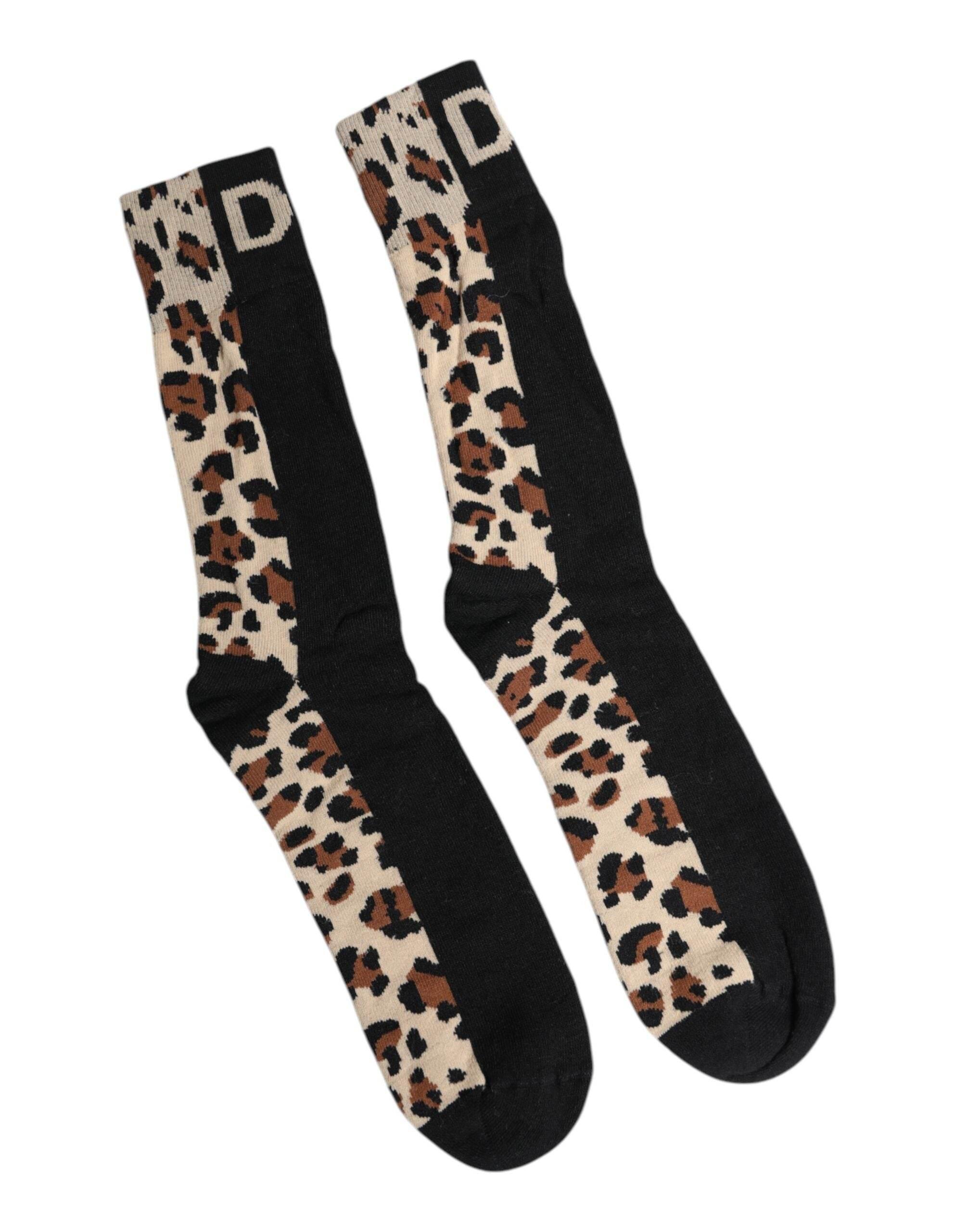 Dolce & Gabbana Black Brown Leopard Print Nylon Mid Calf Socks - Hilstor
