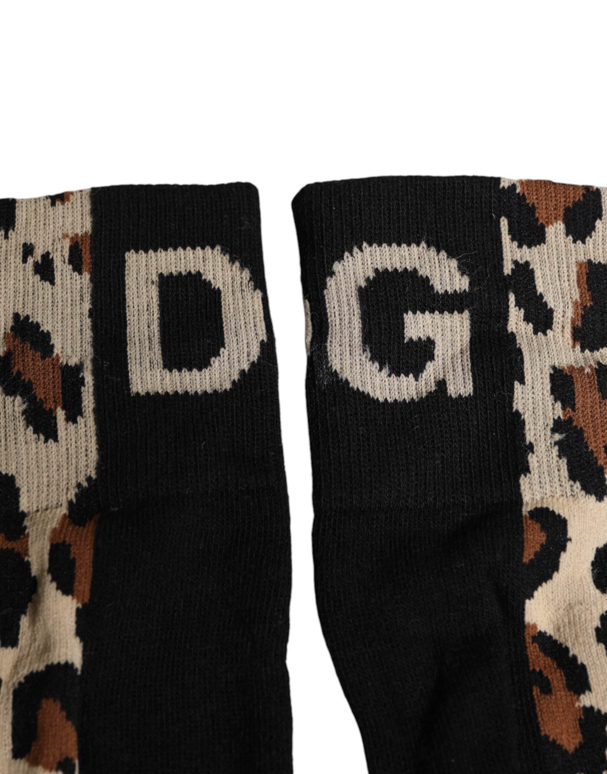 Dolce & Gabbana Black Brown Leopard Print Nylon Mid Calf Socks - Hilstor