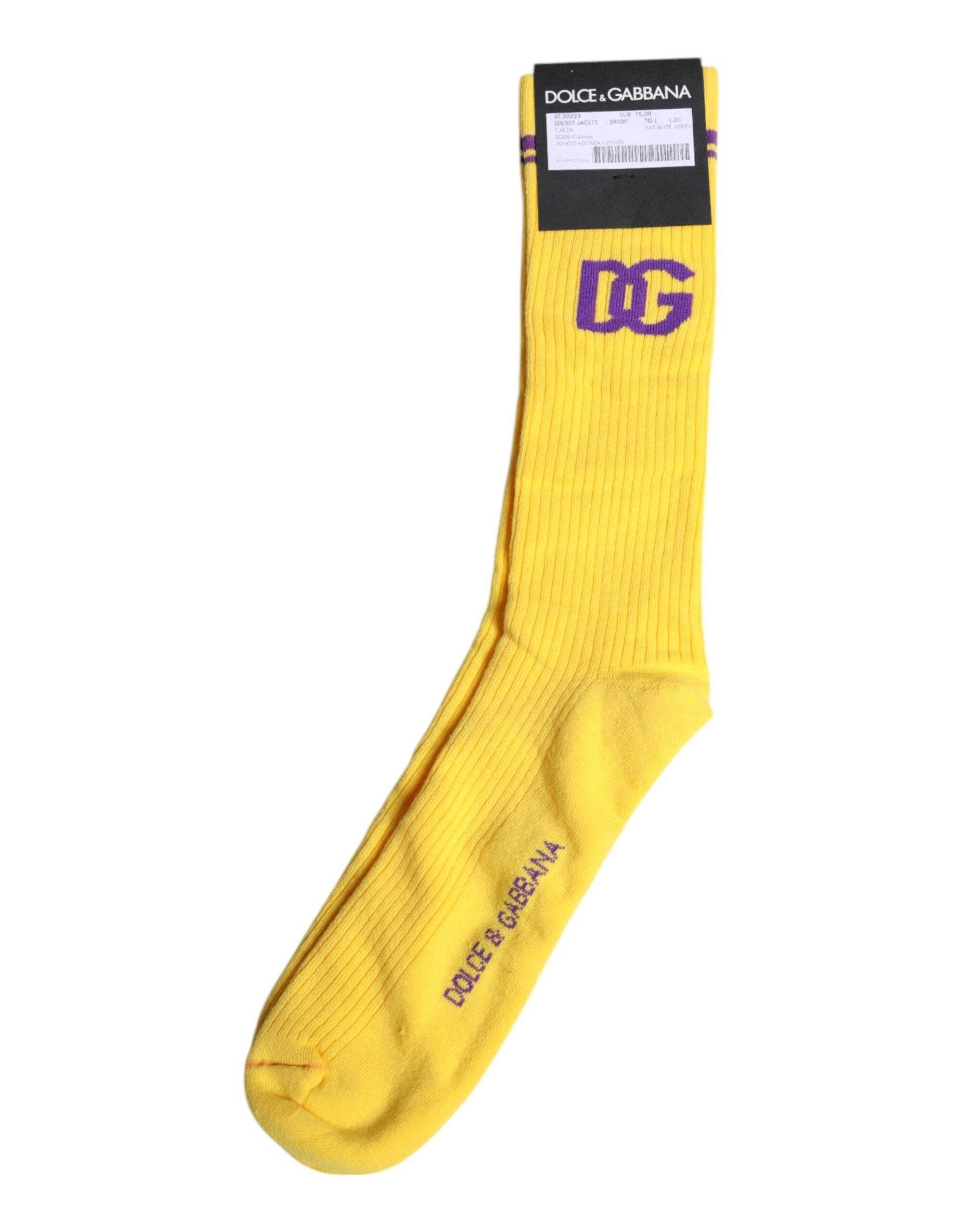 Dolce & Gabbana Yellow Cotton DG Logo Mid Calf Socks - Hilstor