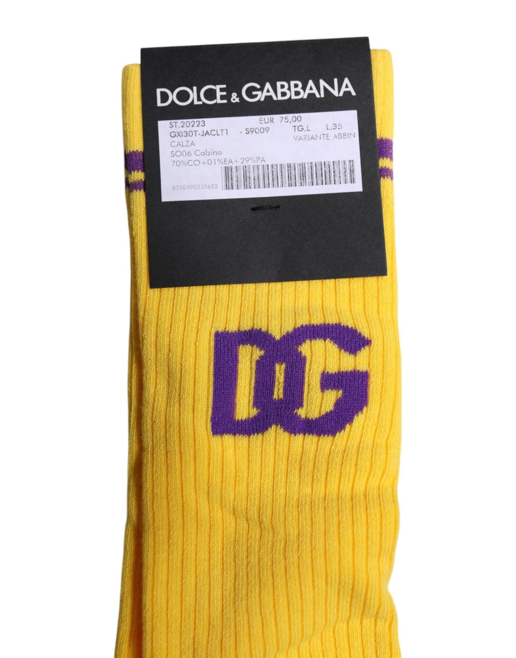 Dolce & Gabbana Yellow Cotton DG Logo Mid Calf Socks - Hilstor