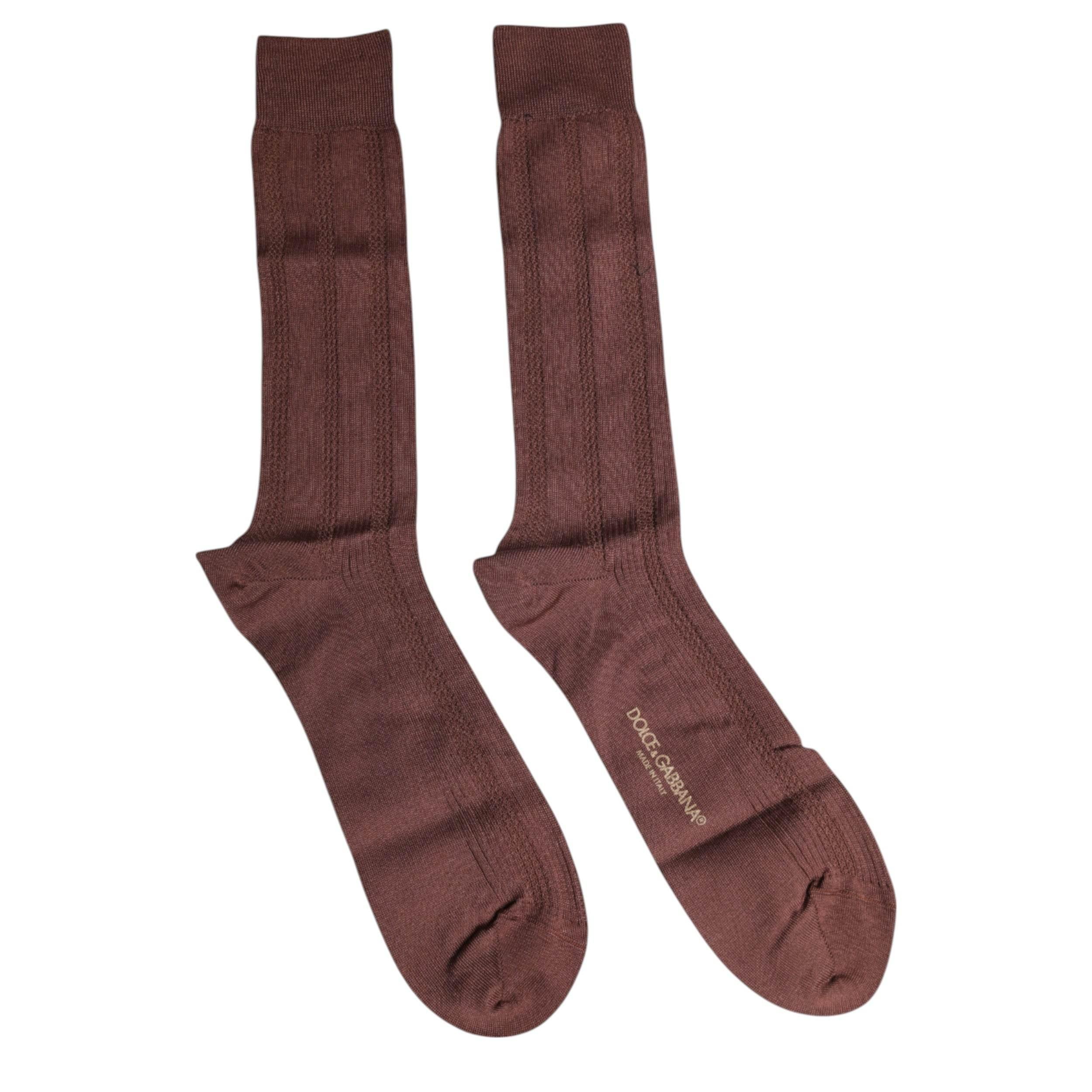 Dolce & Gabbana Brown Stretch Logo Print Mid Calf Socks - Hilstor