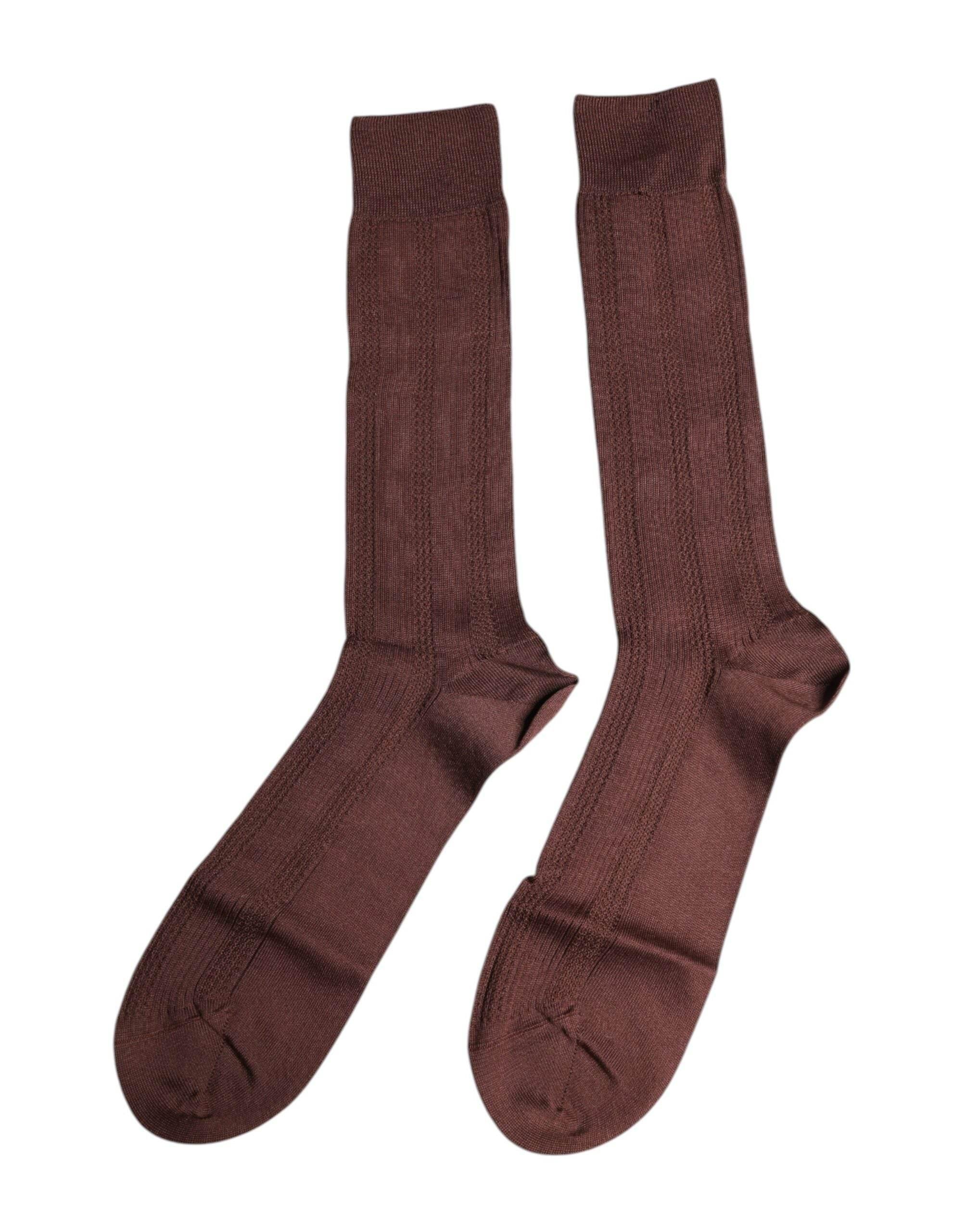 Dolce & Gabbana Brown Stretch Logo Print Mid Calf Socks - Hilstor