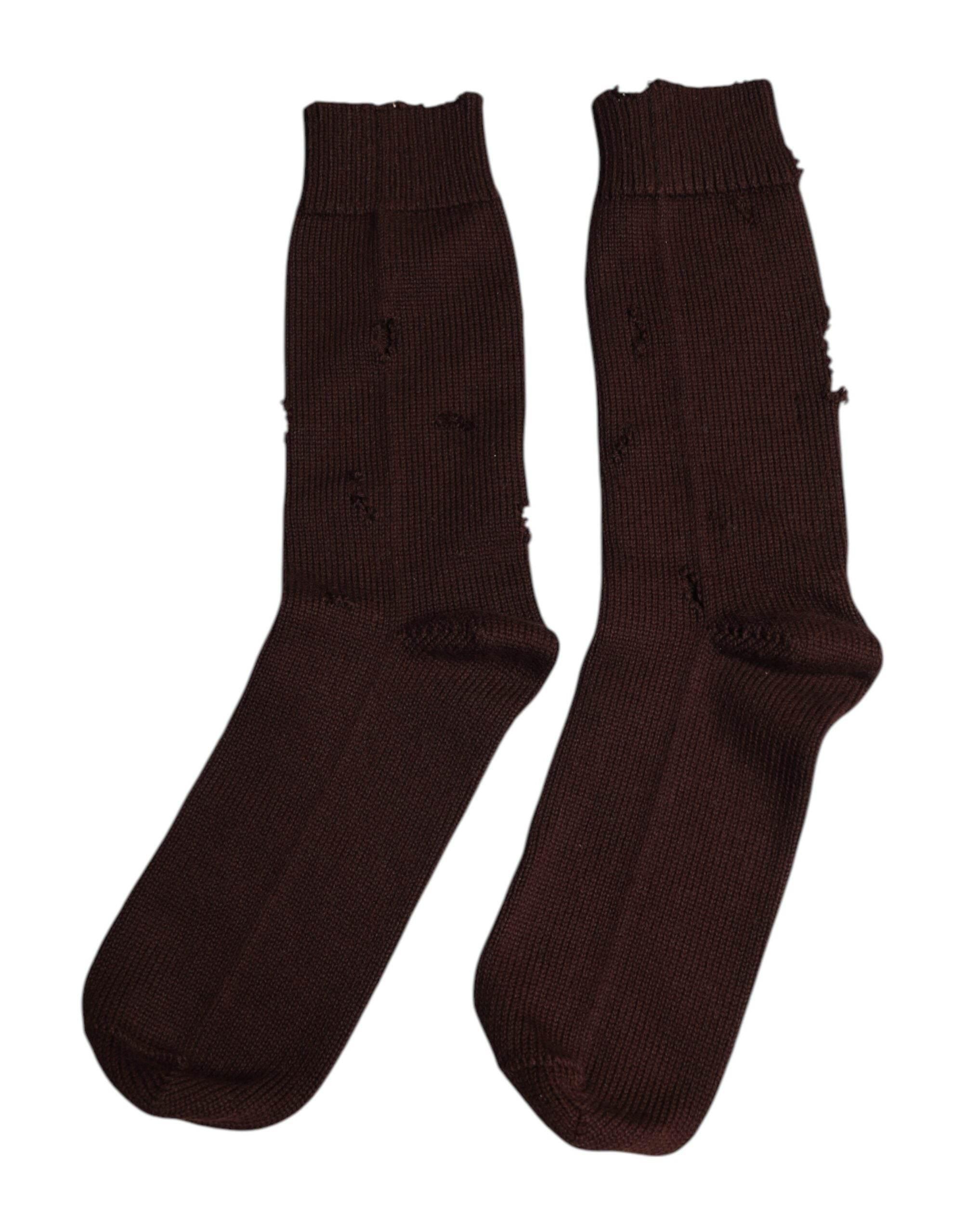 Dolce & Gabbana Brown Solid Cotton Stretch Mid Calf Socks - Hilstor