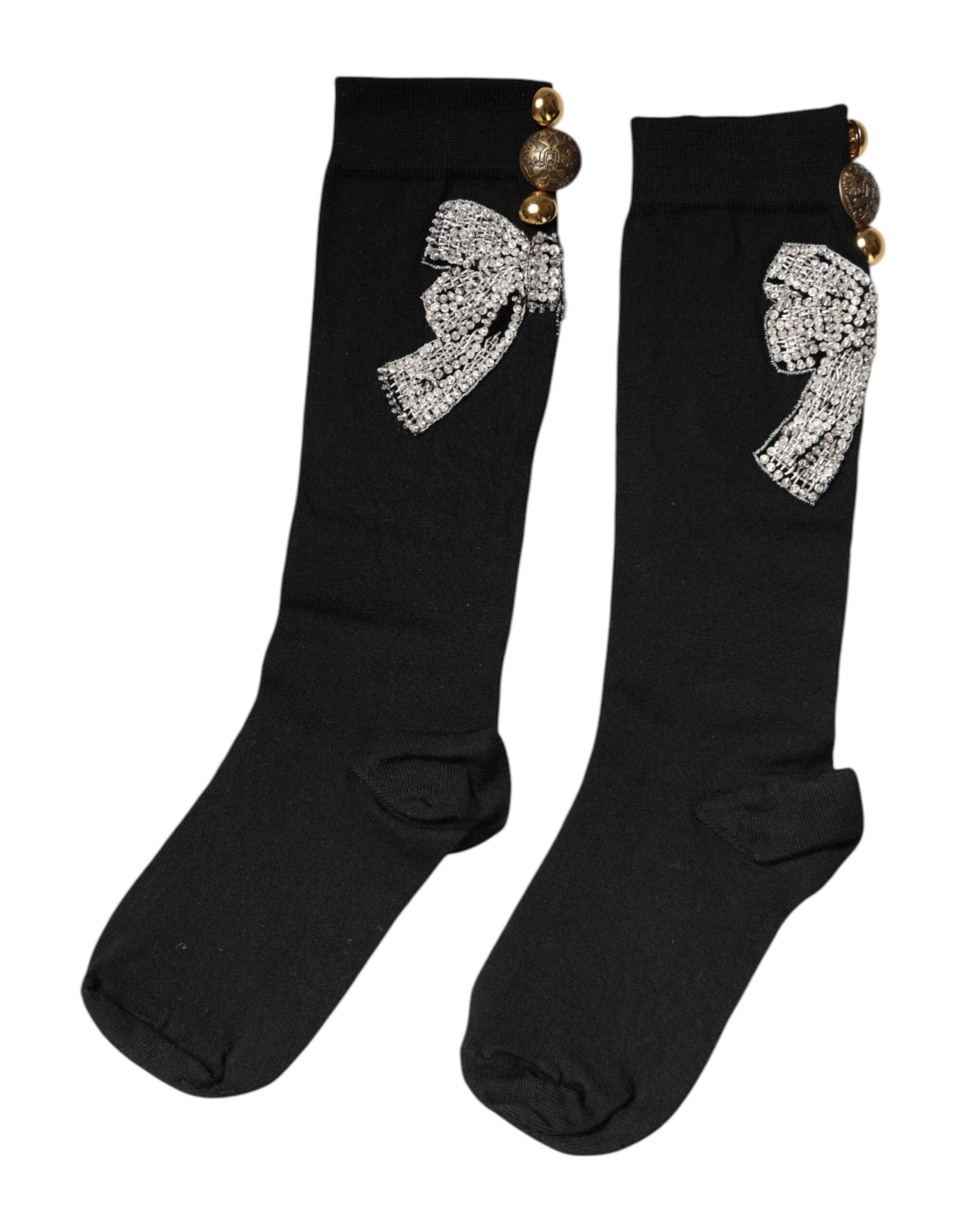 Dolce &amp; Gabbana Sorte Strikstrømper med Blomsterkrystaludsmykning