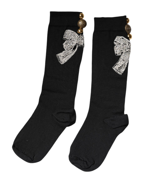 Dolce &amp; Gabbana Sorte Strikstrømper med Blomsterkrystaludsmykning