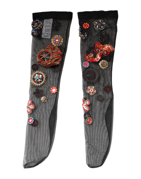 Dolce &amp; Gabbana Sorte Stretch Carretto Krystalstrømper Strømper