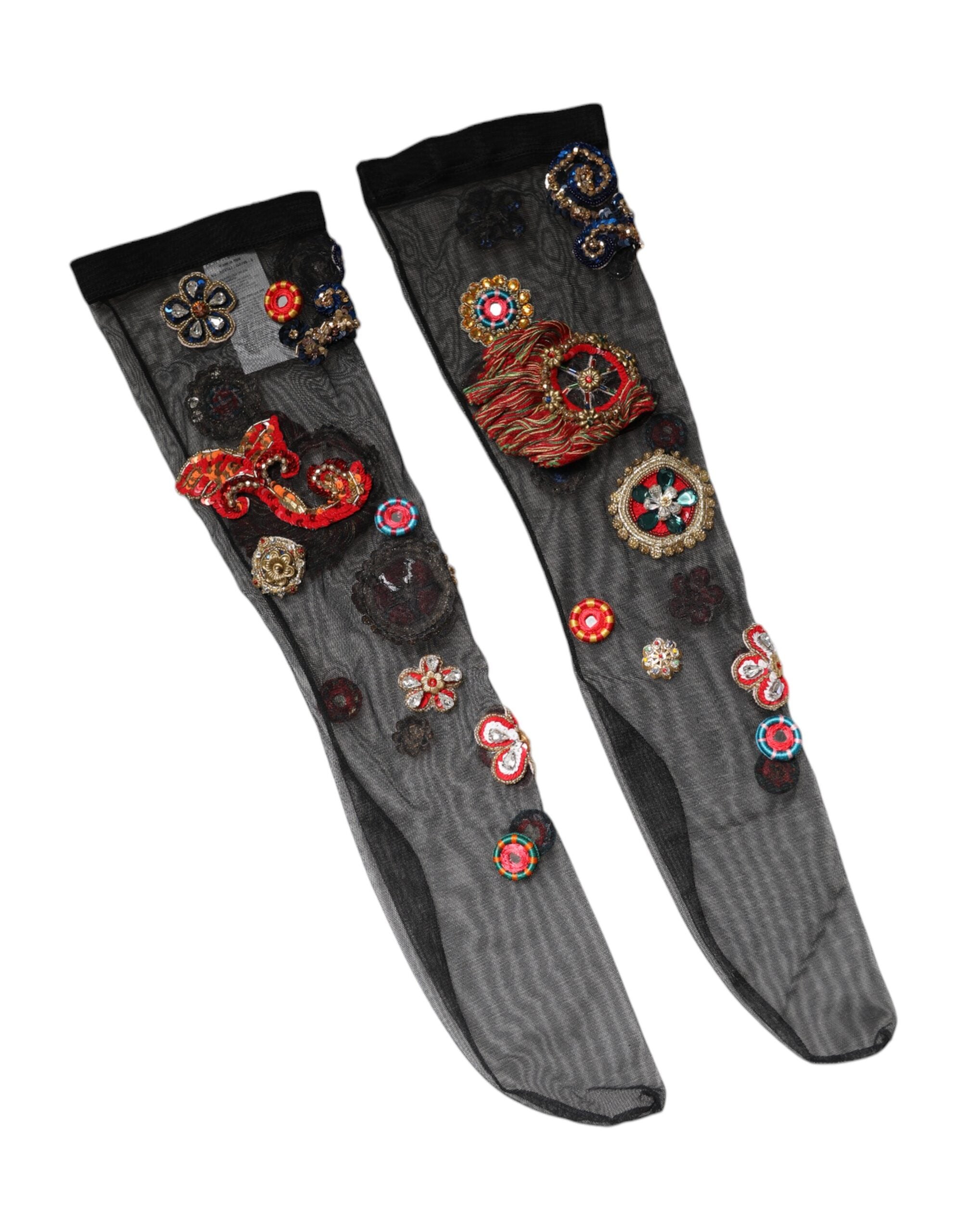 Dolce &amp; Gabbana Sorte Stretch Carretto Krystalstrømper Strømper