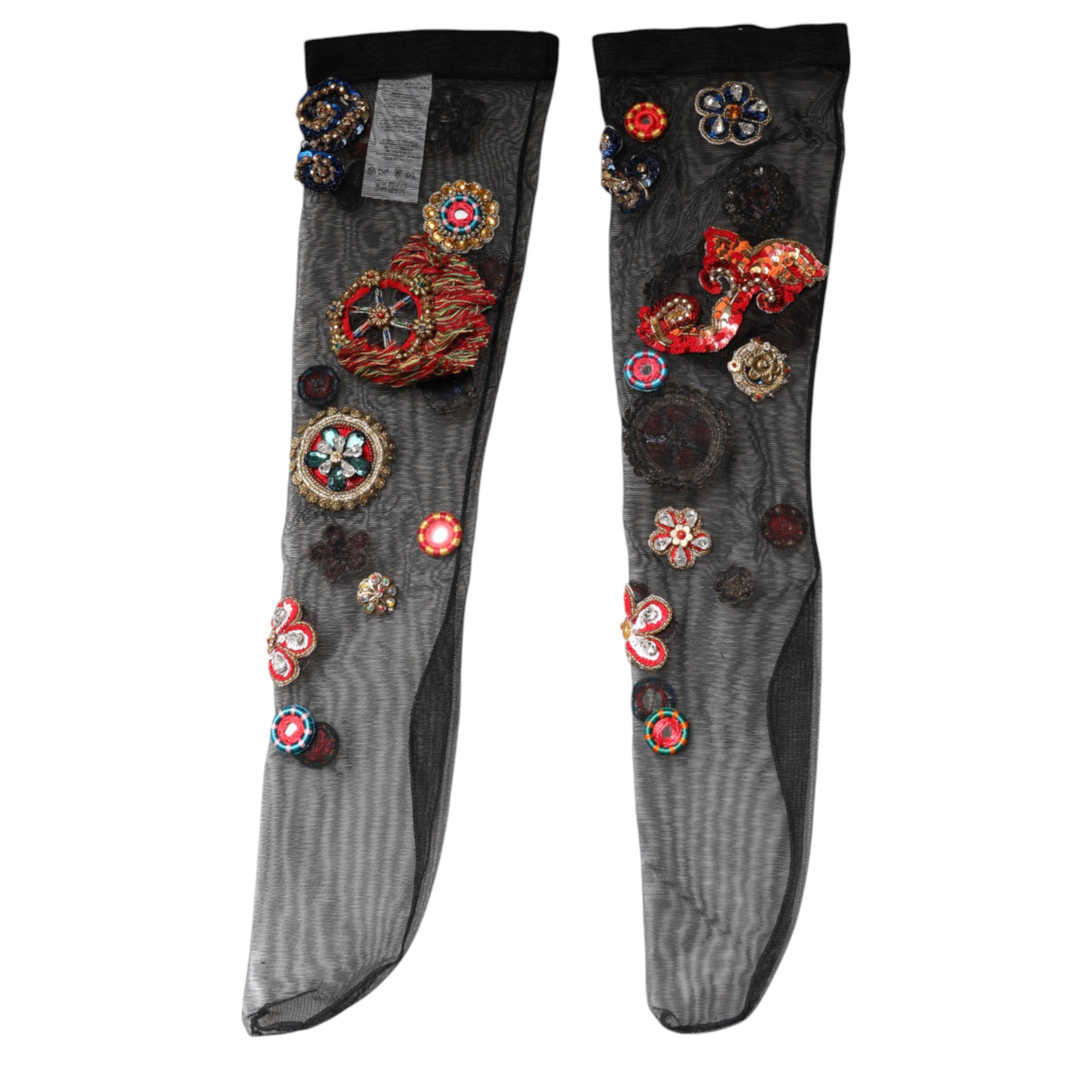 Dolce &amp; Gabbana Sorte Stretch Carretto Krystalstrømper Strømper