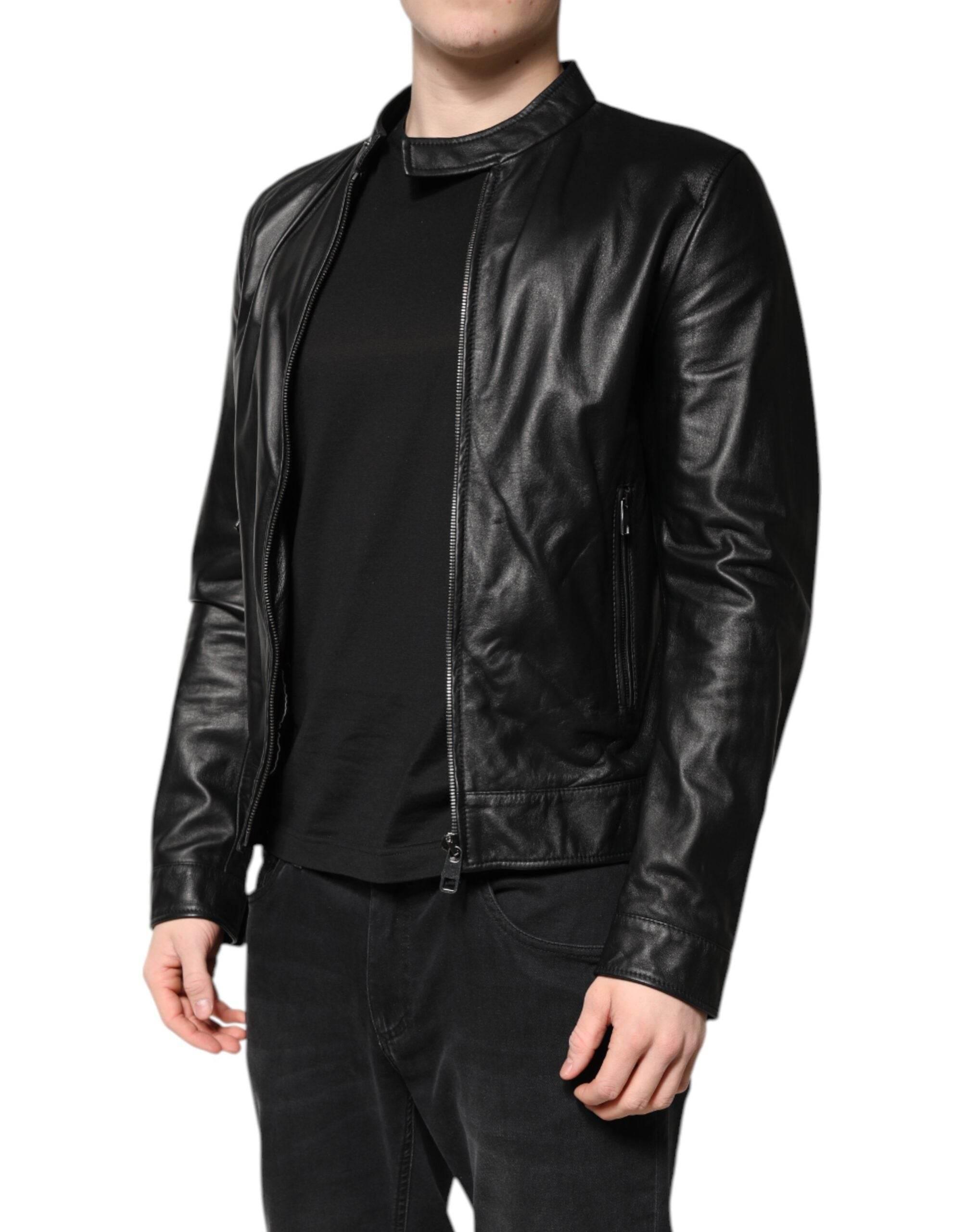 Dolce & Gabbana Black Sheep Leather Biker Full Zip Jacket - Hilstor