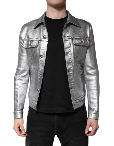 Dolce & Gabbana Silver Cotton Button Down Denim Biker Jacket - Hilstor