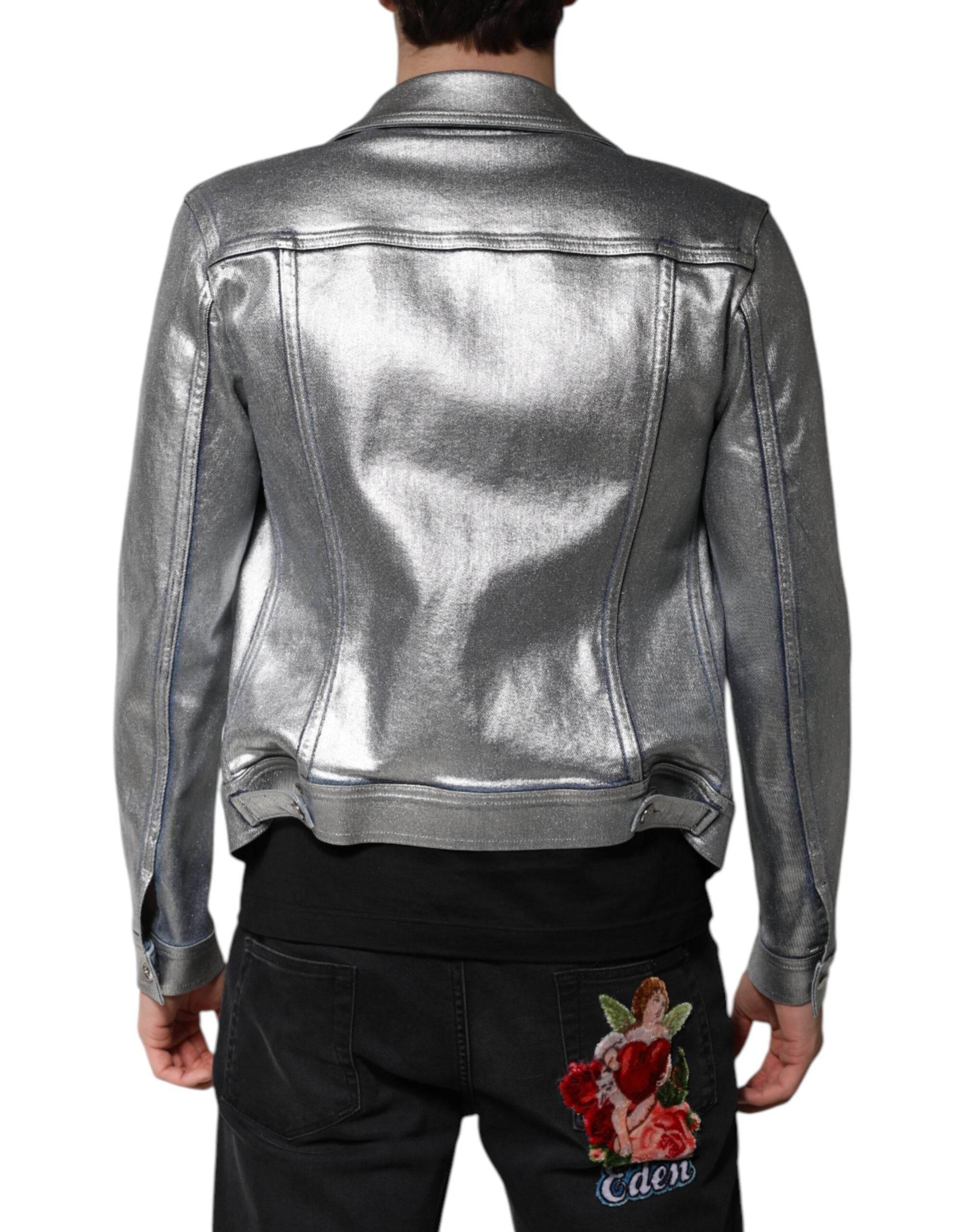 Dolce & Gabbana Silver Cotton Button Down Denim Biker Jacket - Hilstor
