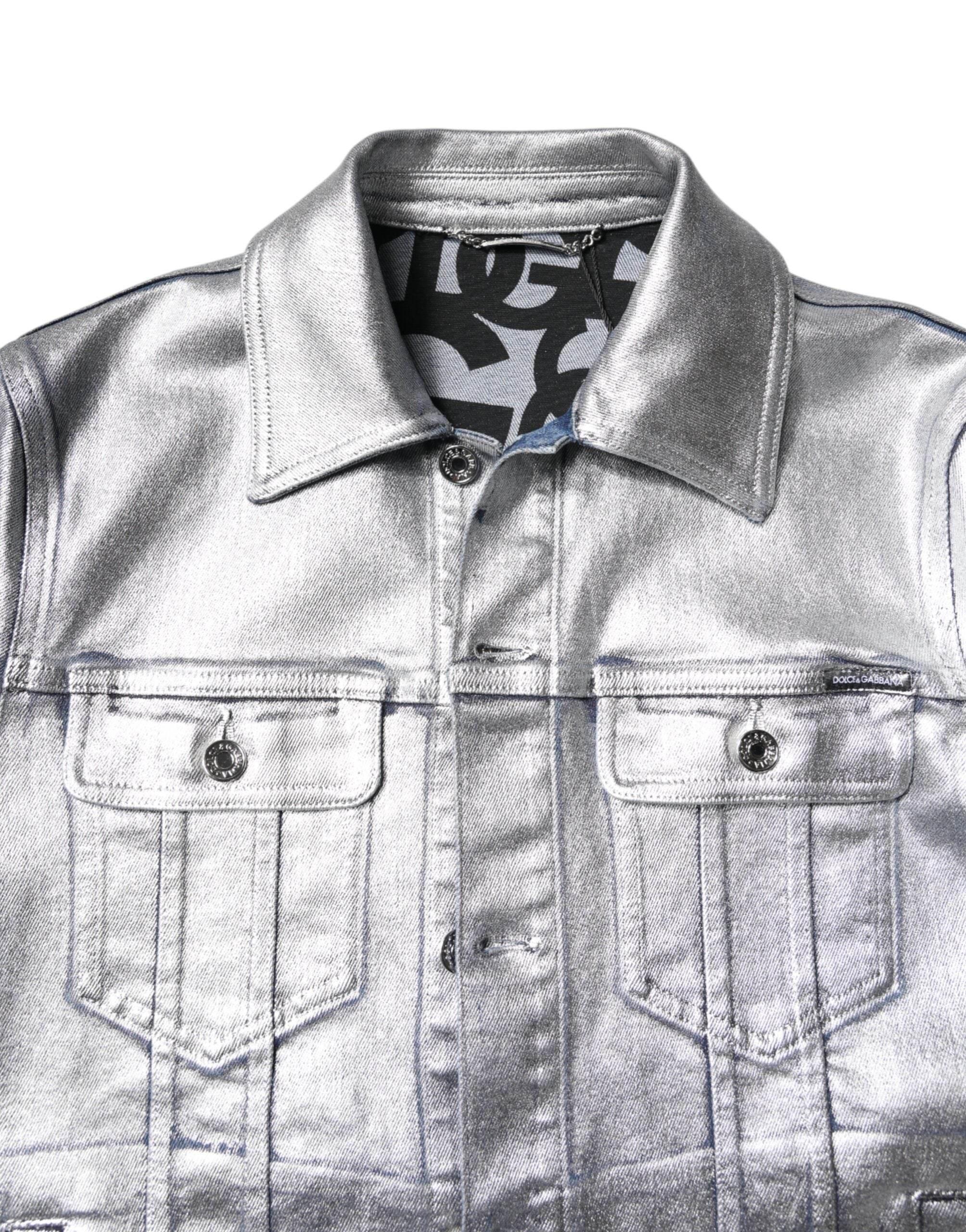 Dolce & Gabbana Silver Cotton Button Down Denim Biker Jacket - Hilstor
