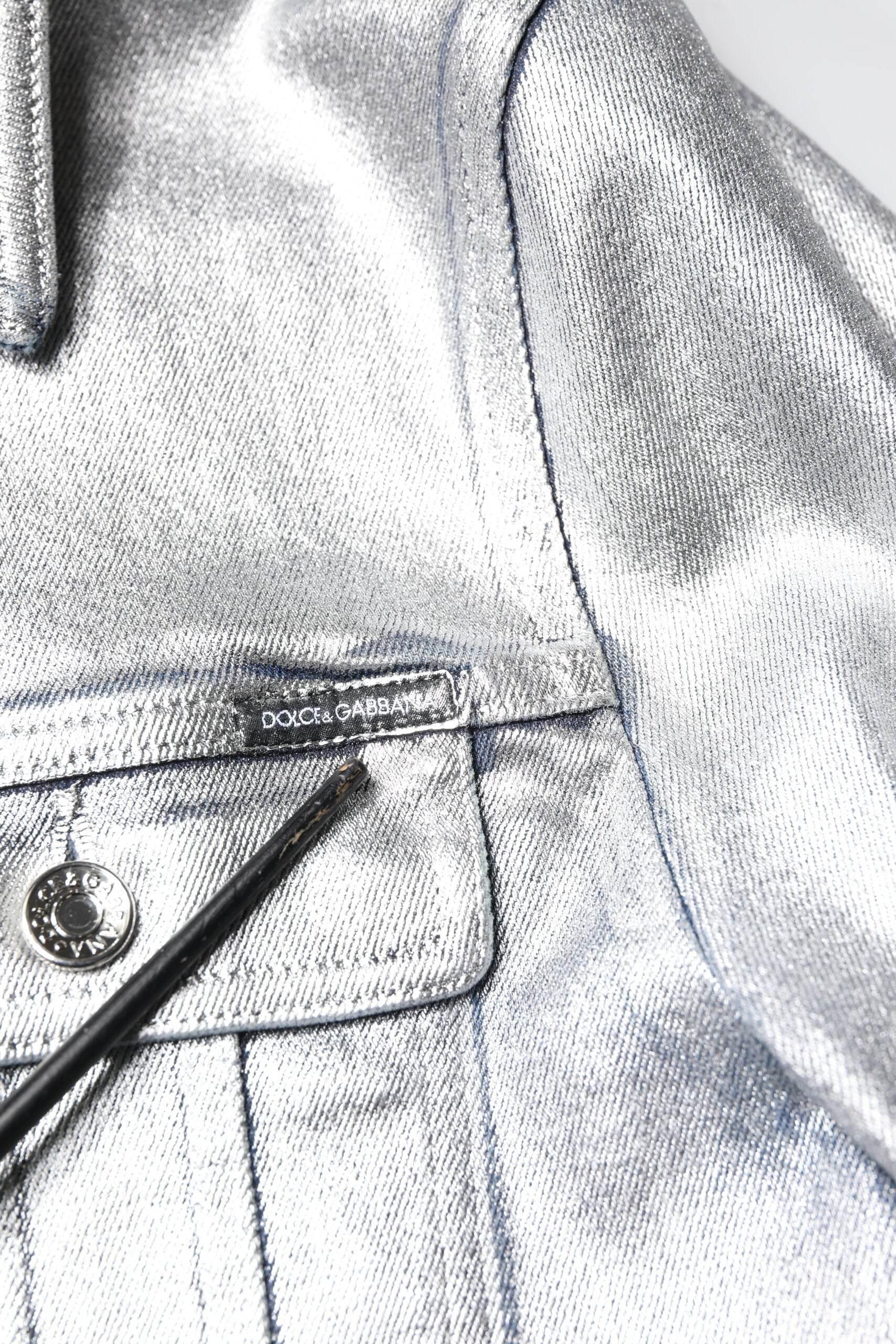 Dolce & Gabbana Silver Cotton Button Down Denim Biker Jacket - Hilstor
