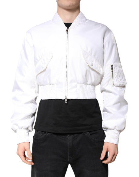 Dolce & Gabbana White Nylon Full Zip Cropped Bomber Jacket - Hilstor