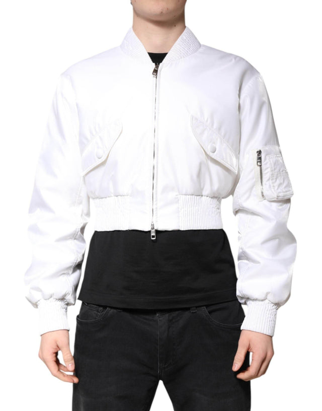 Dolce & Gabbana White Nylon Full Zip Cropped Bomber Jacket - Hilstor