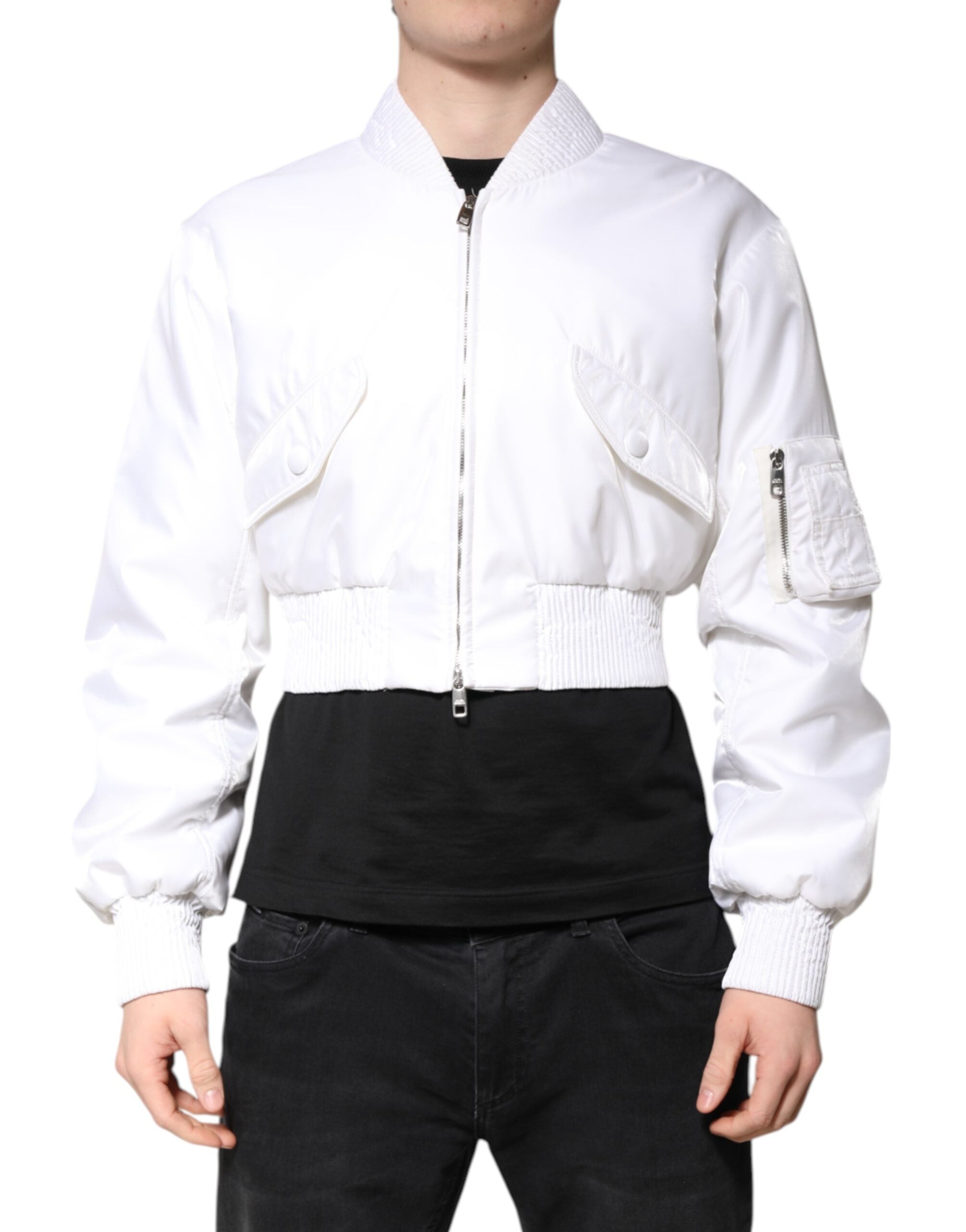 Dolce &amp; Gabbana Hvid Nylon Kort Bomberjakke med Lynlås