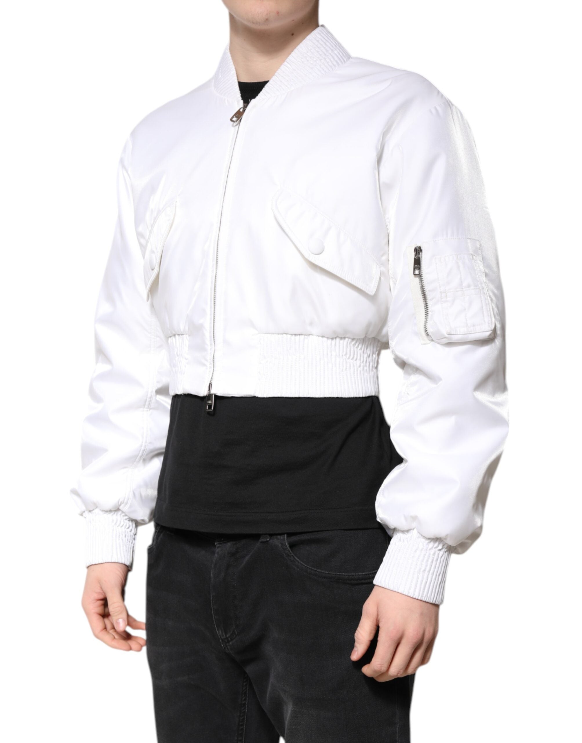 Dolce &amp; Gabbana Hvid Nylon Kort Bomberjakke med Lynlås