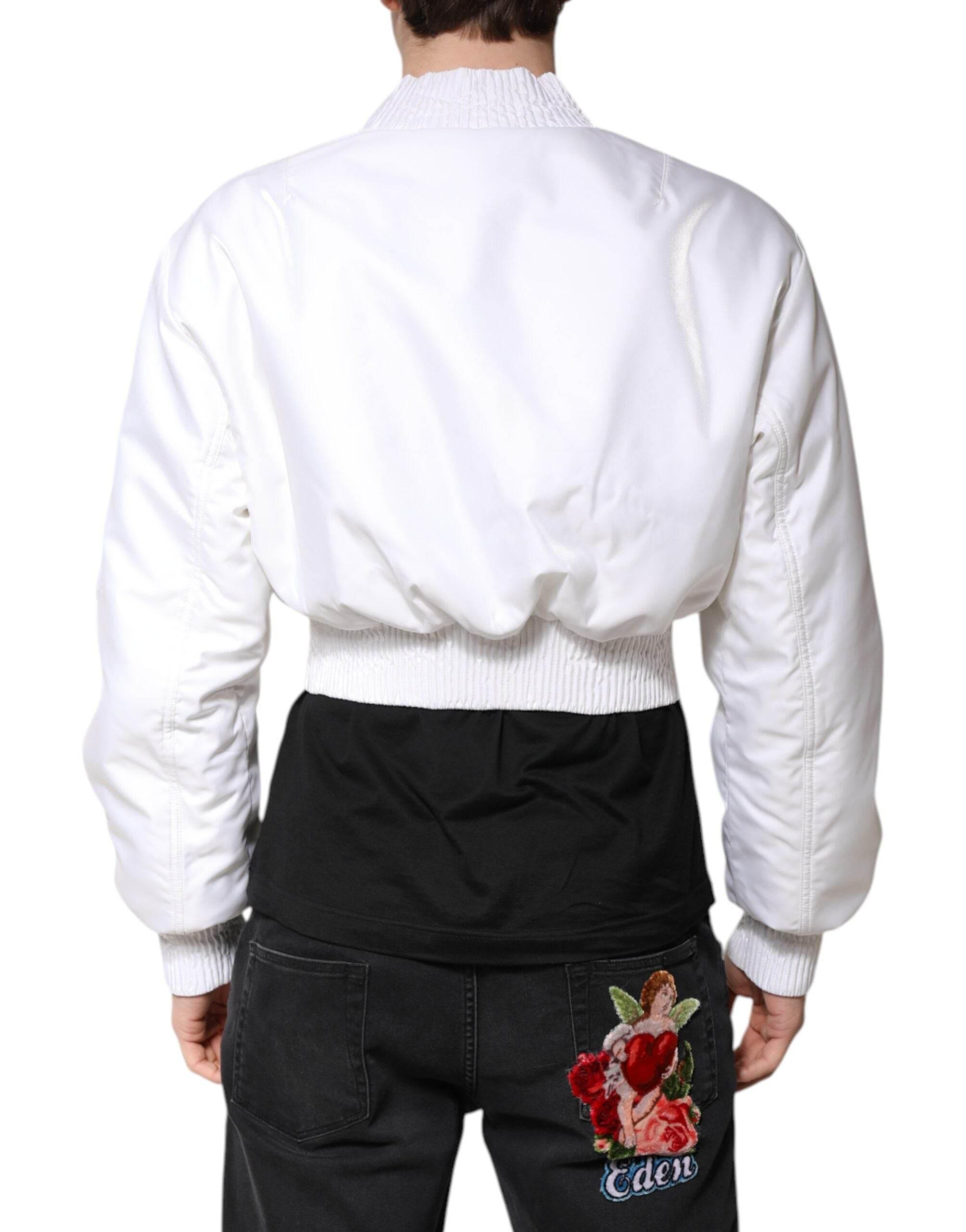Dolce & Gabbana White Nylon Full Zip Cropped Bomber Jacket - Hilstor