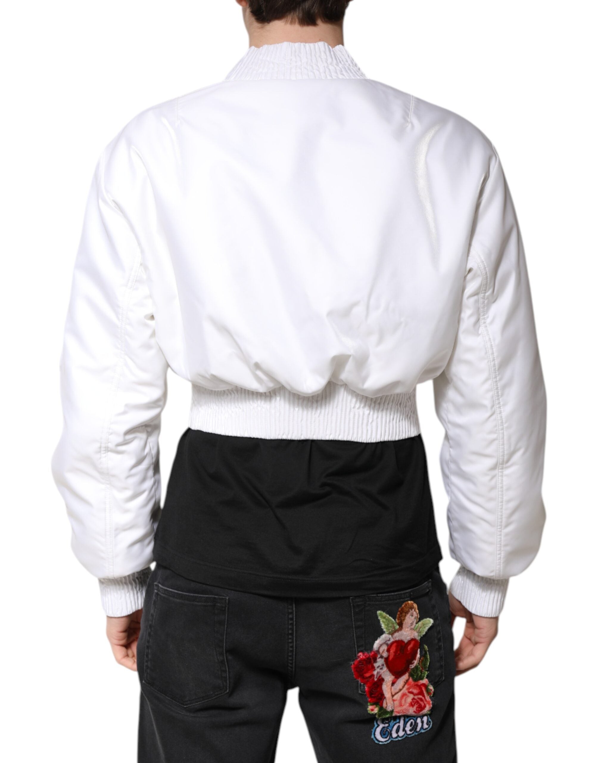 Dolce &amp; Gabbana Hvid Nylon Kort Bomberjakke med Lynlås