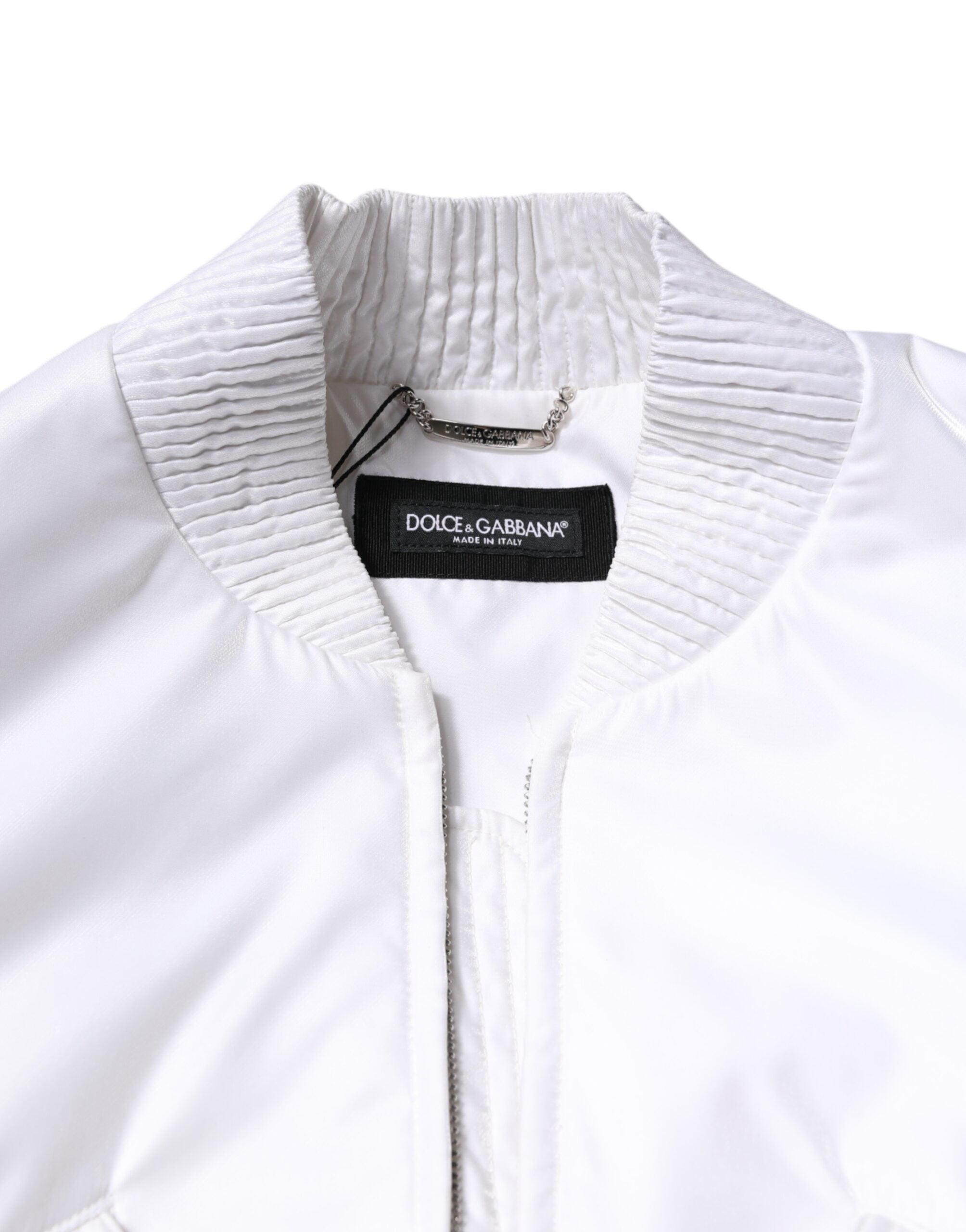 Dolce &amp; Gabbana Hvid Nylon Kort Bomberjakke med Lynlås