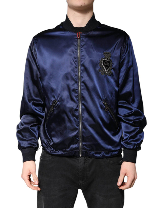 Dolce & Gabbana Blue Nylon DG Crown Full Zip Bomber Jacket - Hilstor