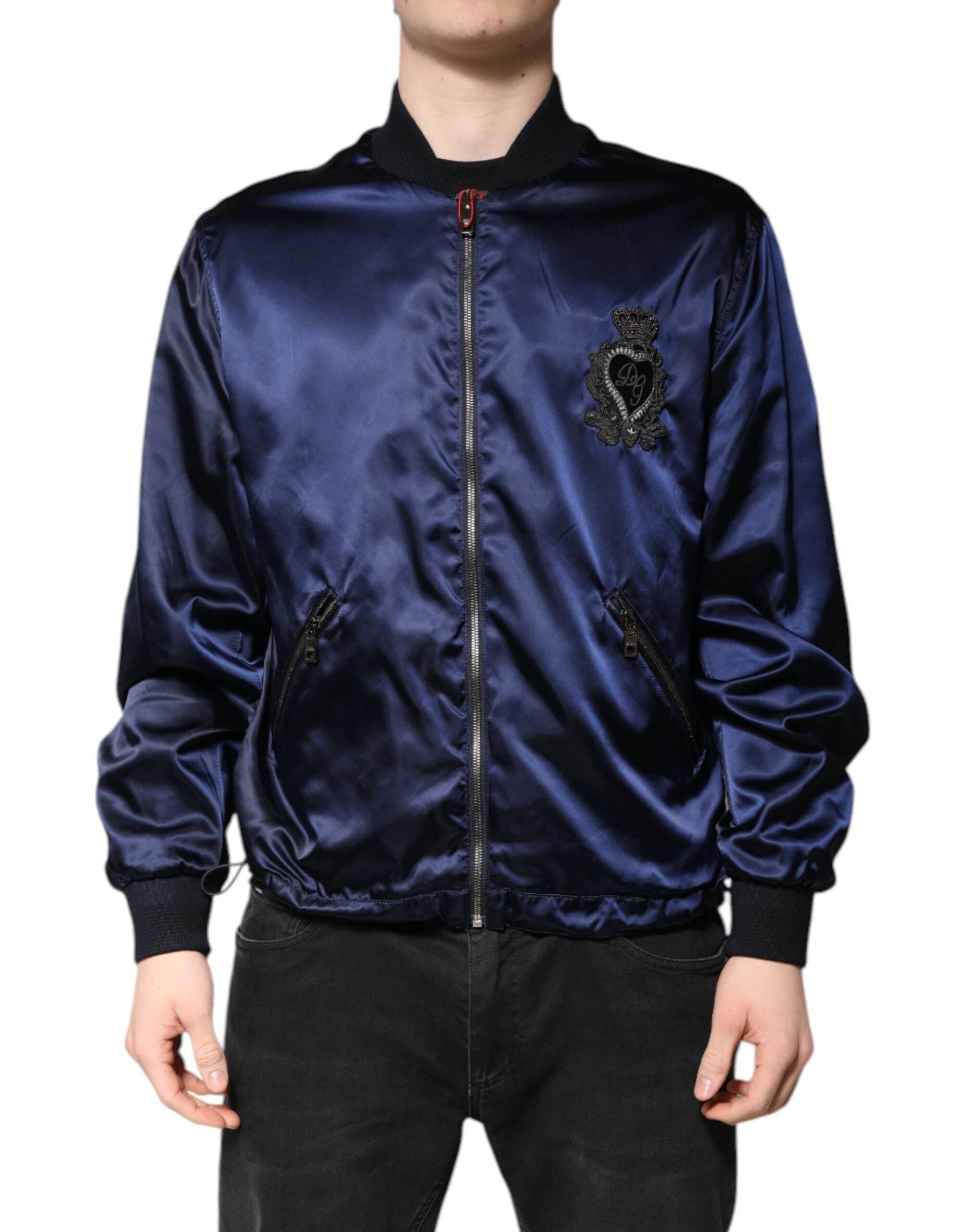 Dolce & Gabbana Blue Nylon DG Crown Full Zip Bomber Jacket - Hilstor