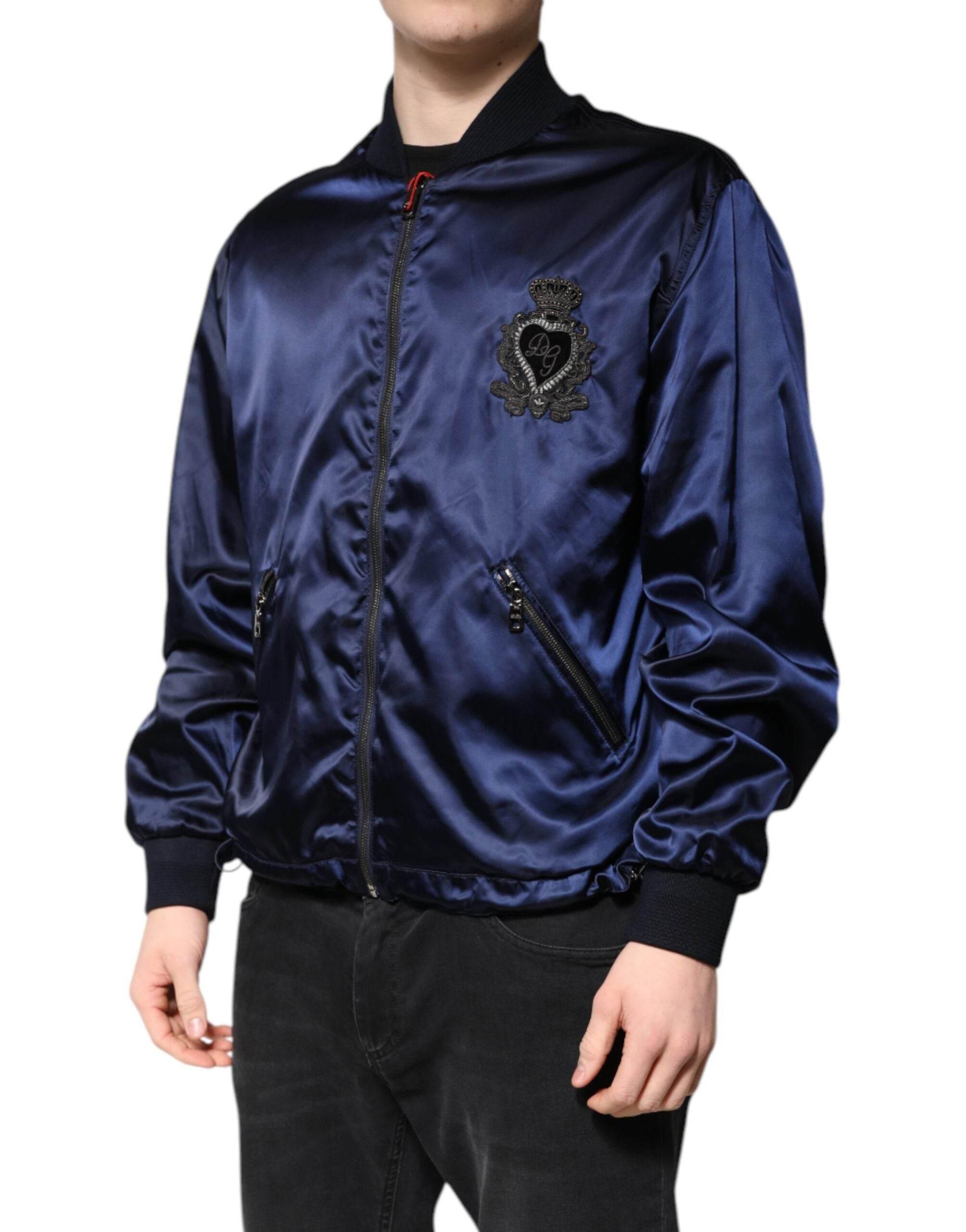 Dolce & Gabbana Blue Nylon DG Crown Full Zip Bomber Jacket - Hilstor