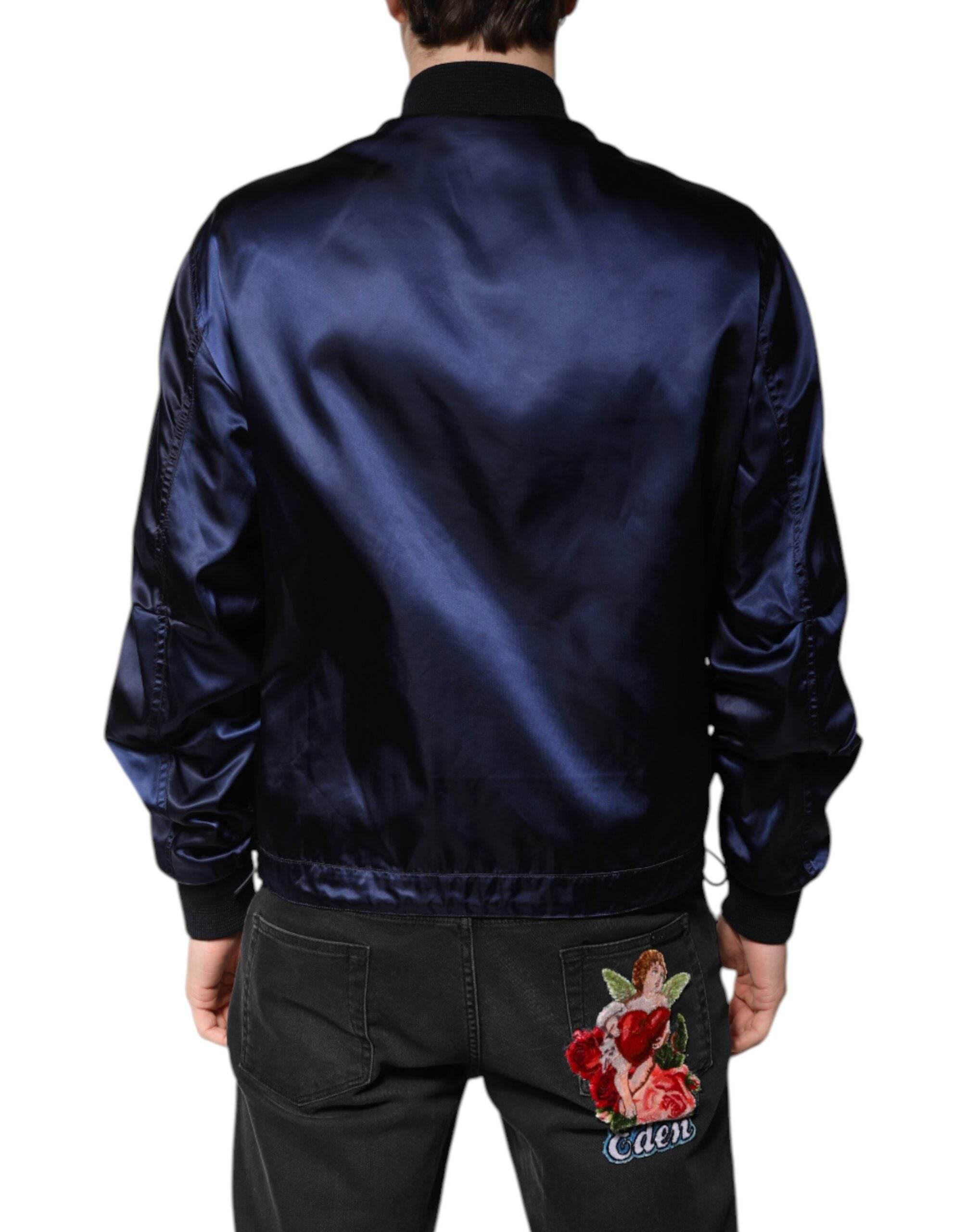 Dolce & Gabbana Blue Nylon DG Crown Full Zip Bomber Jacket - Hilstor