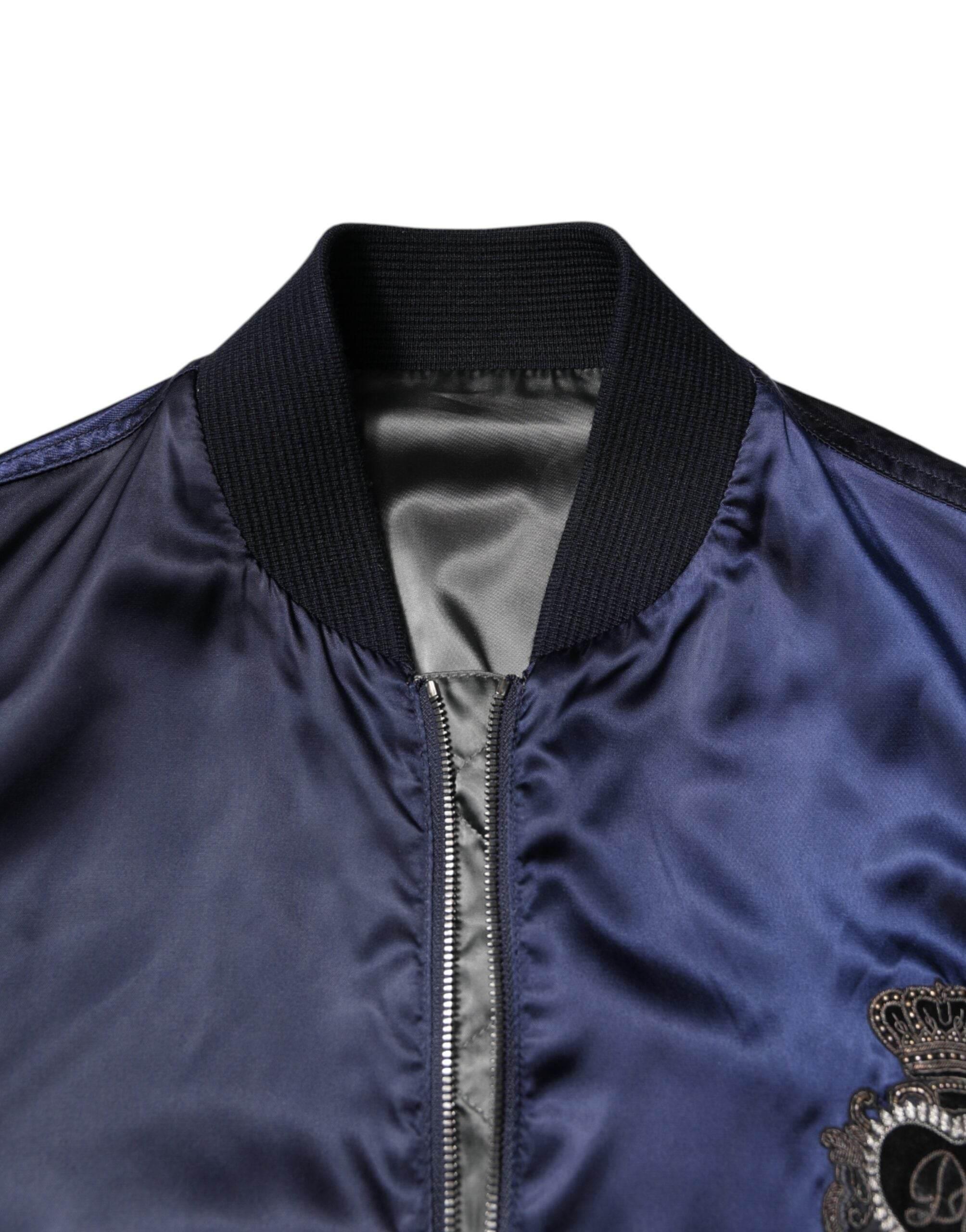 Dolce & Gabbana Blue Nylon DG Crown Full Zip Bomber Jacket - Hilstor