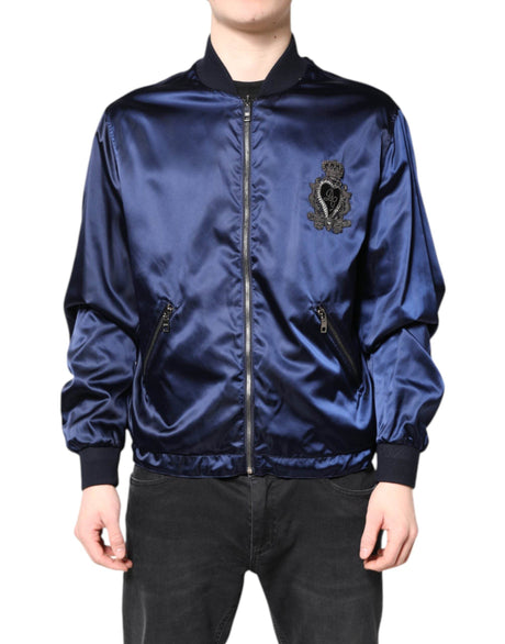 Dolce & Gabbana Blue Nylon DG Crown Full Zip Bomber Jacket - Hilstor