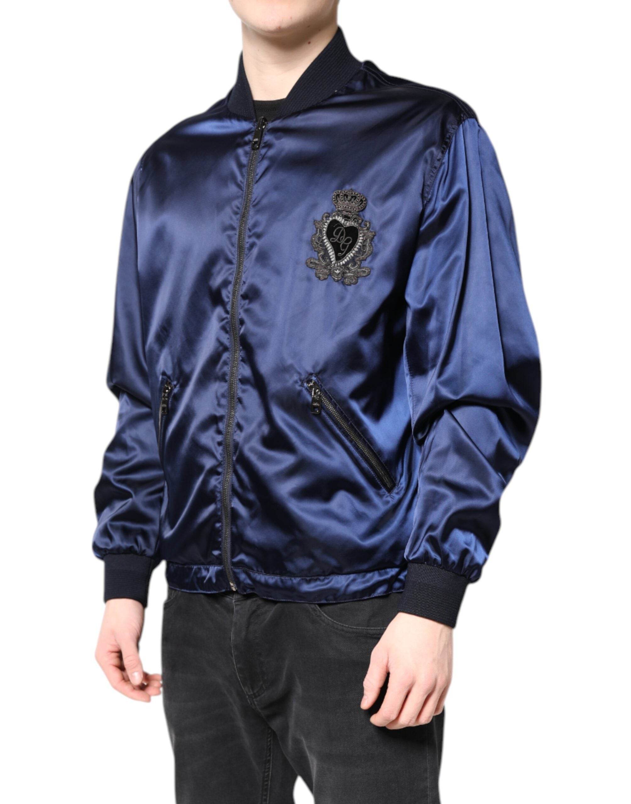 Dolce & Gabbana Blue Nylon DG Crown Full Zip Bomber Jacket - Hilstor