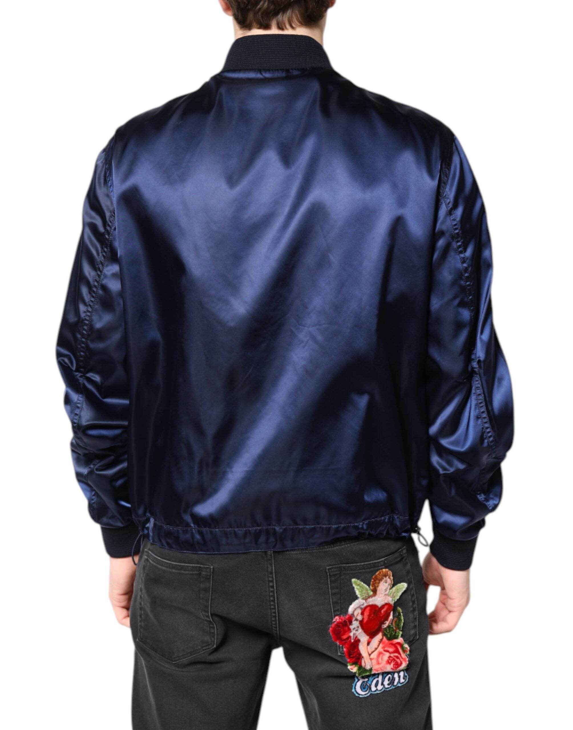 Dolce & Gabbana Blue Nylon DG Crown Full Zip Bomber Jacket - Hilstor