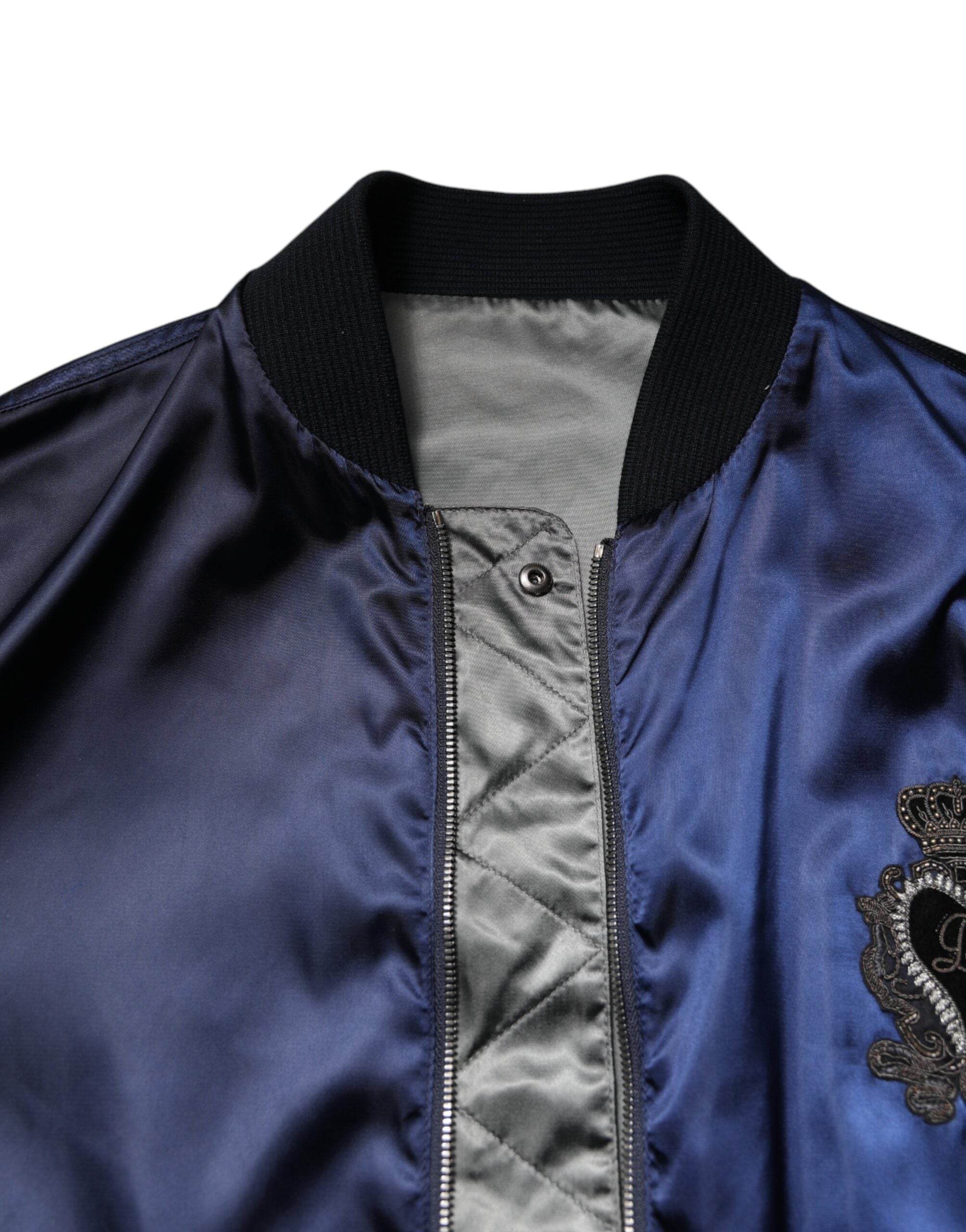 Dolce & Gabbana Blue Nylon DG Crown Full Zip Bomber Jacket - Hilstor