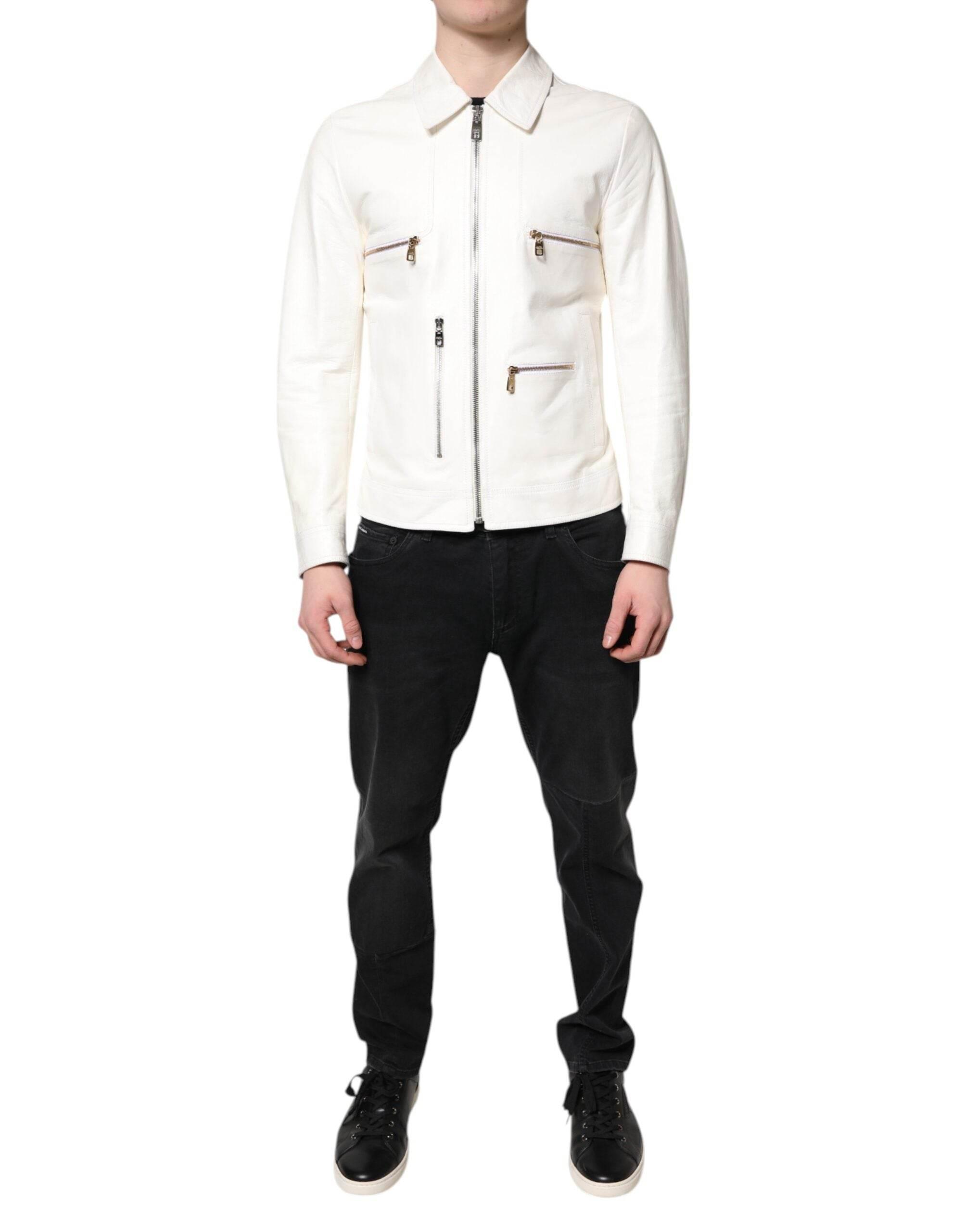 Dolce & Gabbana White Collared Full Zip Biker Coat Jacket - Hilstor