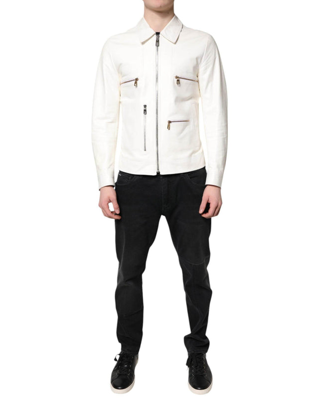 Dolce & Gabbana White Collared Full Zip Biker Coat Jacket - Hilstor