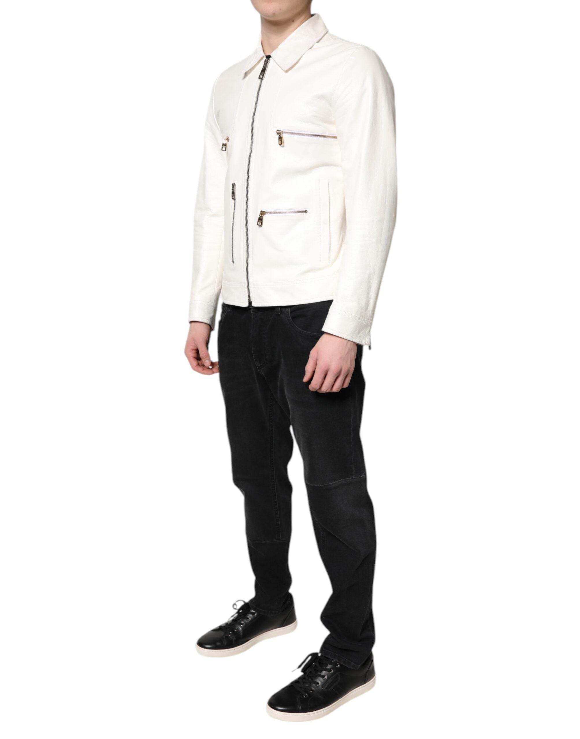 Dolce & Gabbana White Collared Full Zip Biker Coat Jacket - Hilstor