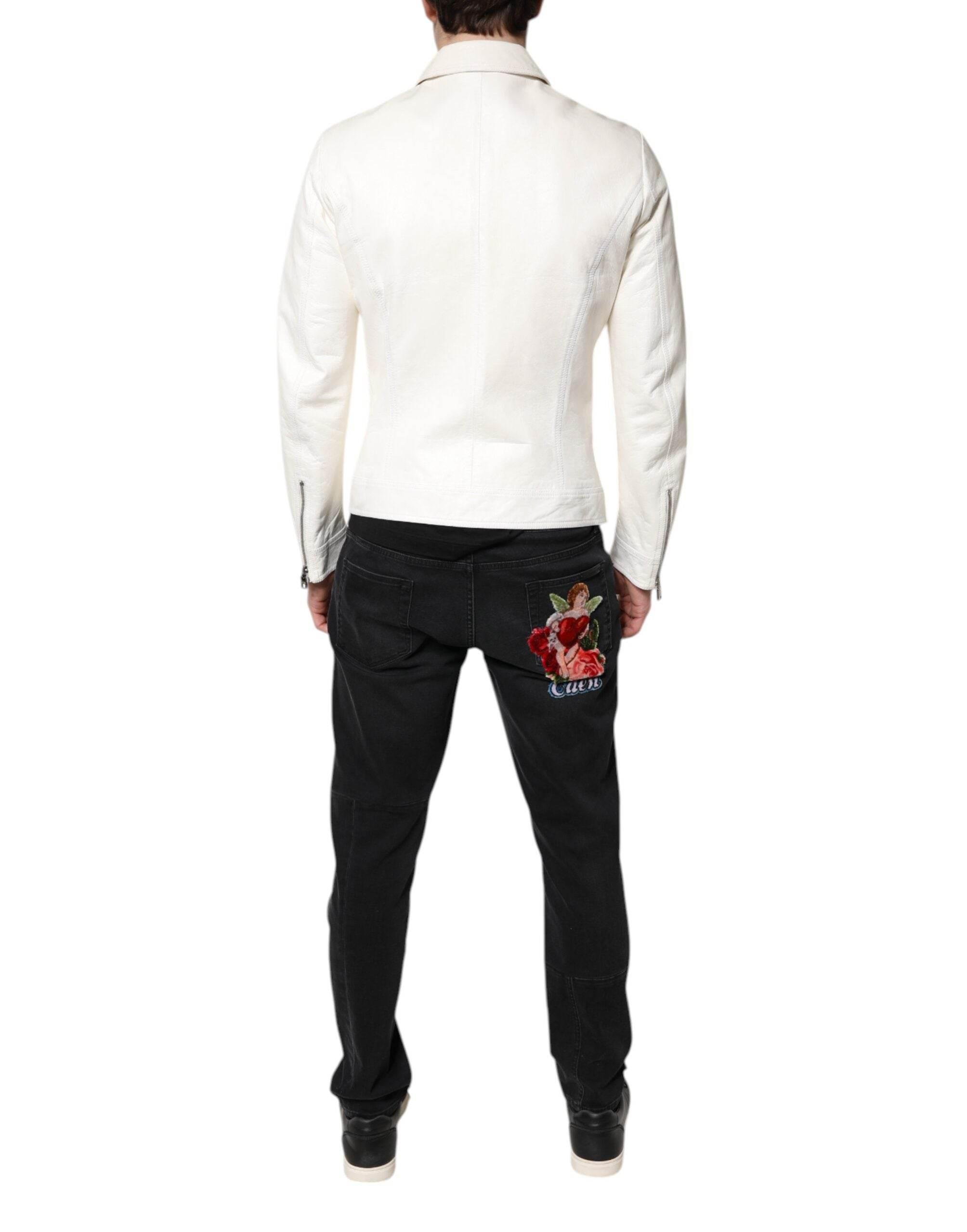 Dolce & Gabbana White Collared Full Zip Biker Coat Jacket - Hilstor