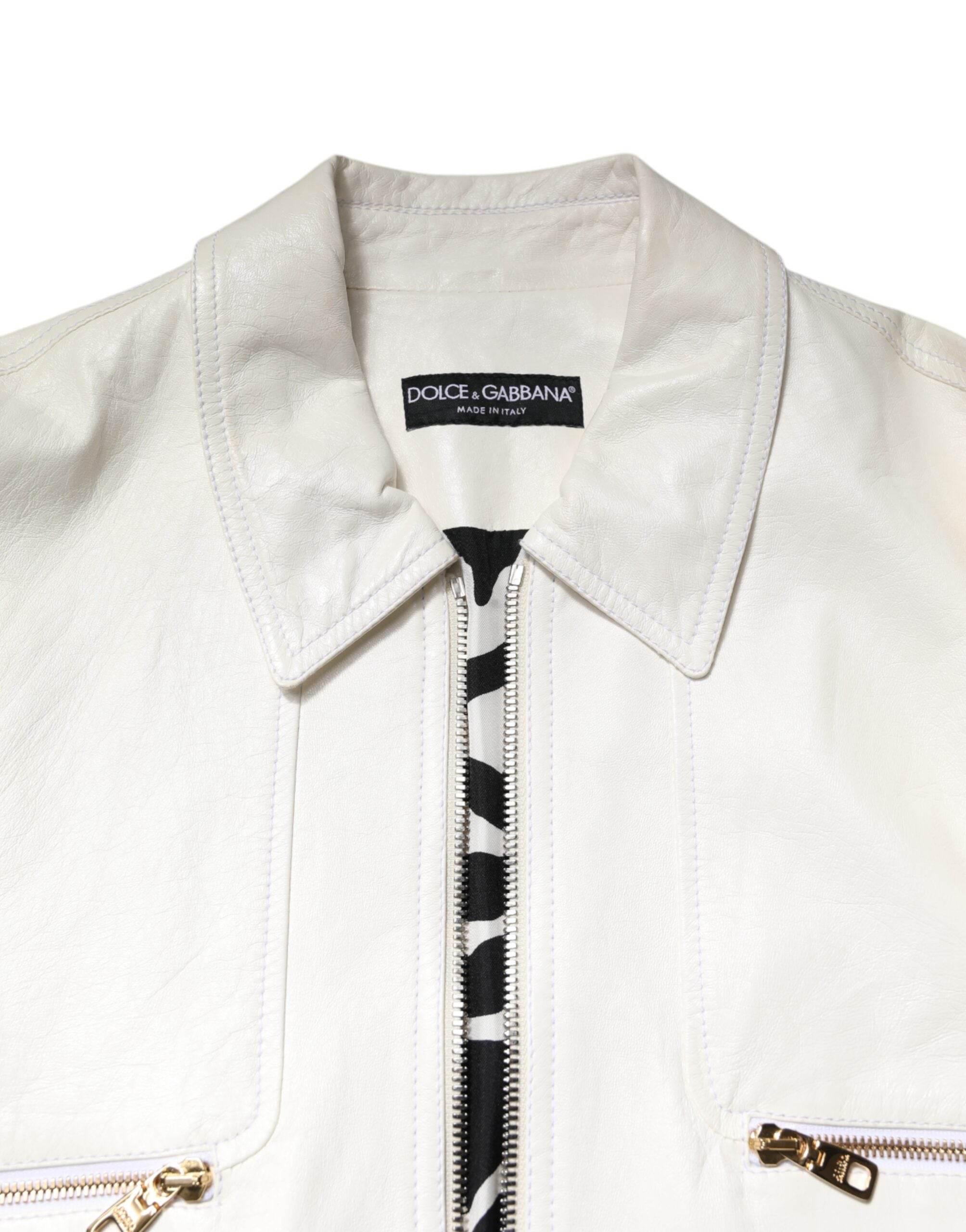 Dolce & Gabbana White Collared Full Zip Biker Coat Jacket - Hilstor