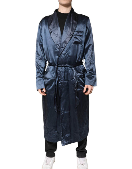 Dolce & Gabbana Blue Solid Silk Men Wrap Robe Coat Jacket - Hilstor