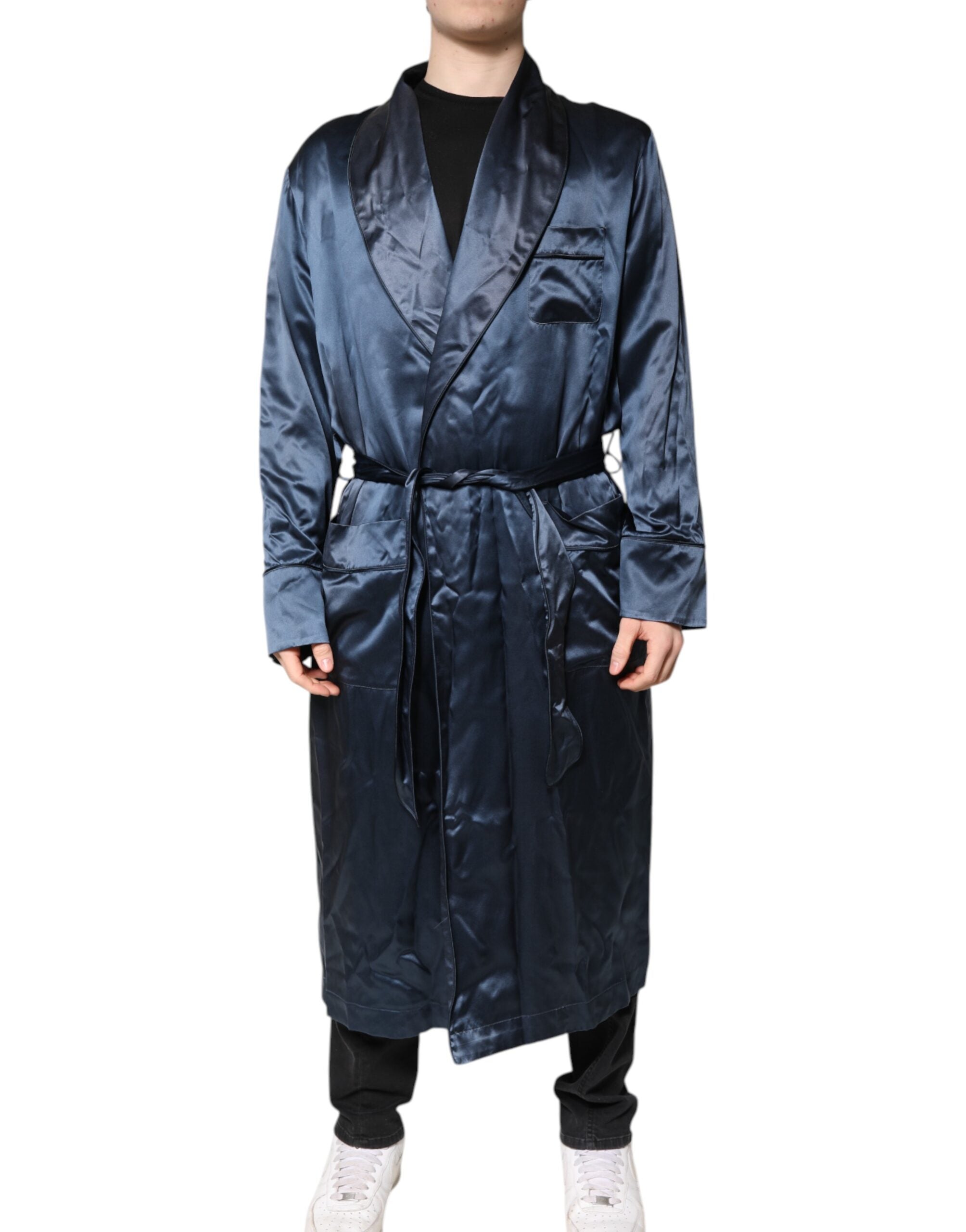 Dolce &amp; Gabbana Blå Ensfarvet Silke Herre Wrap Robe Coat Jakke