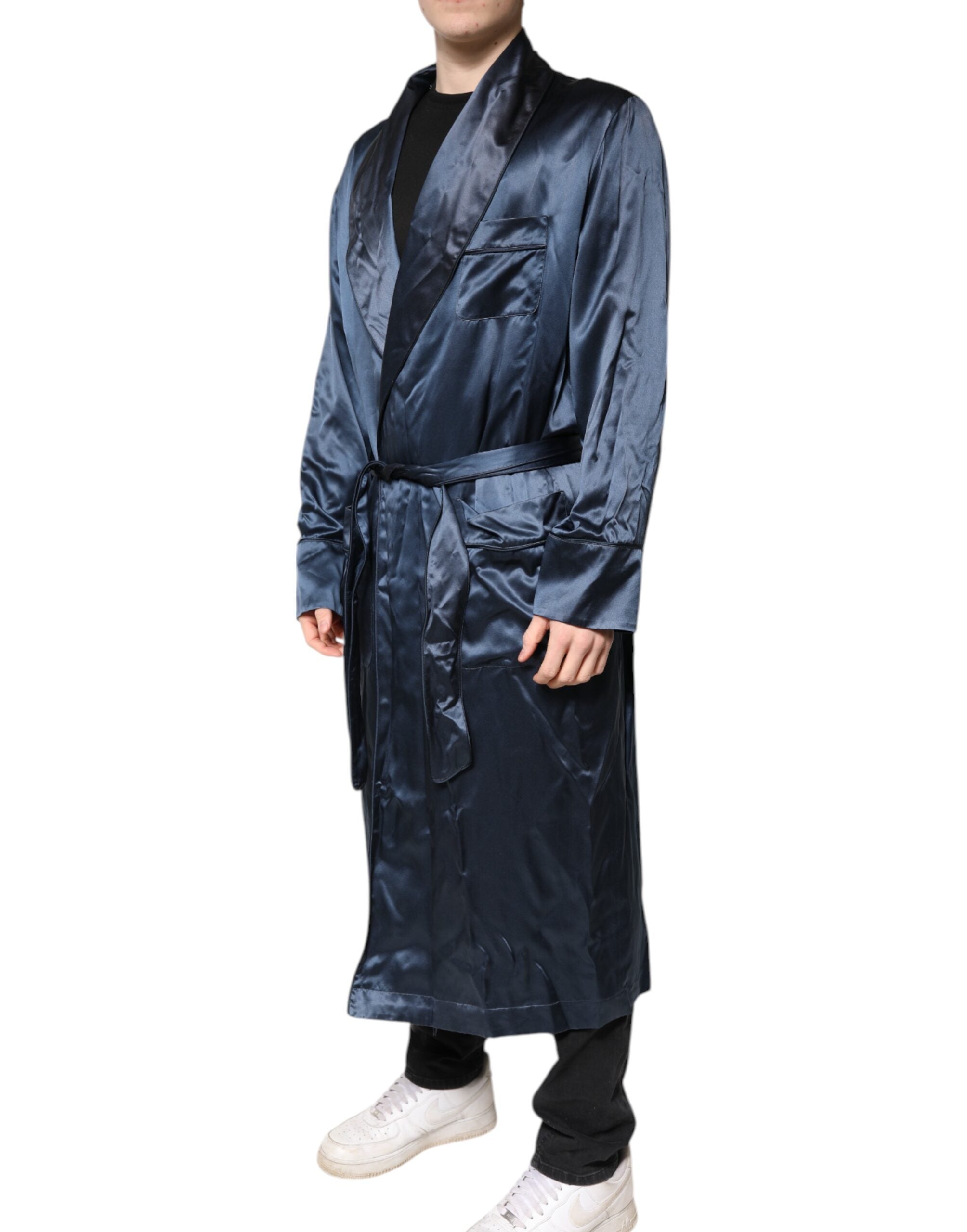 Dolce &amp; Gabbana Blå Ensfarvet Silke Herre Wrap Robe Coat Jakke