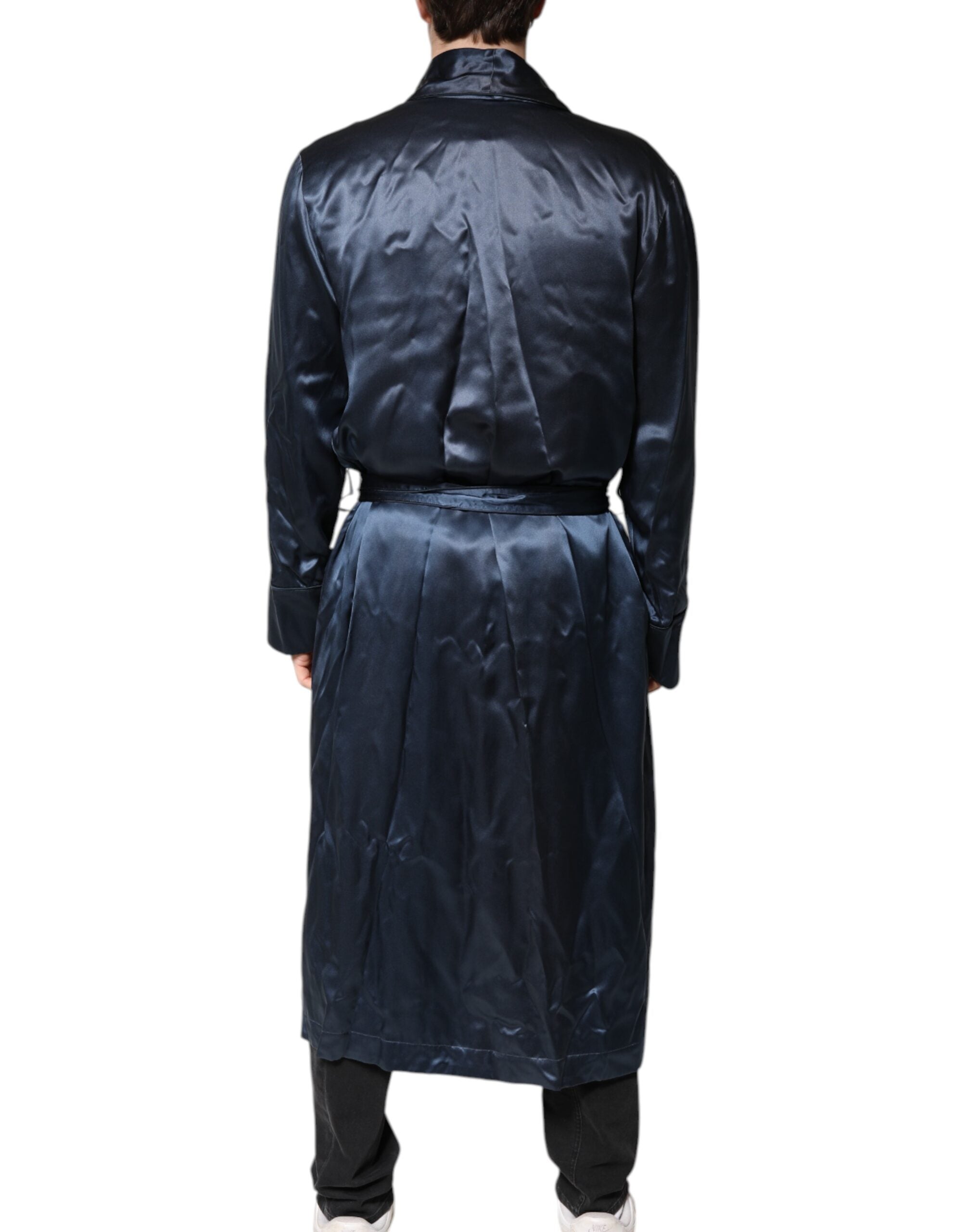 Dolce &amp; Gabbana Blå Ensfarvet Silke Herre Wrap Robe Coat Jakke